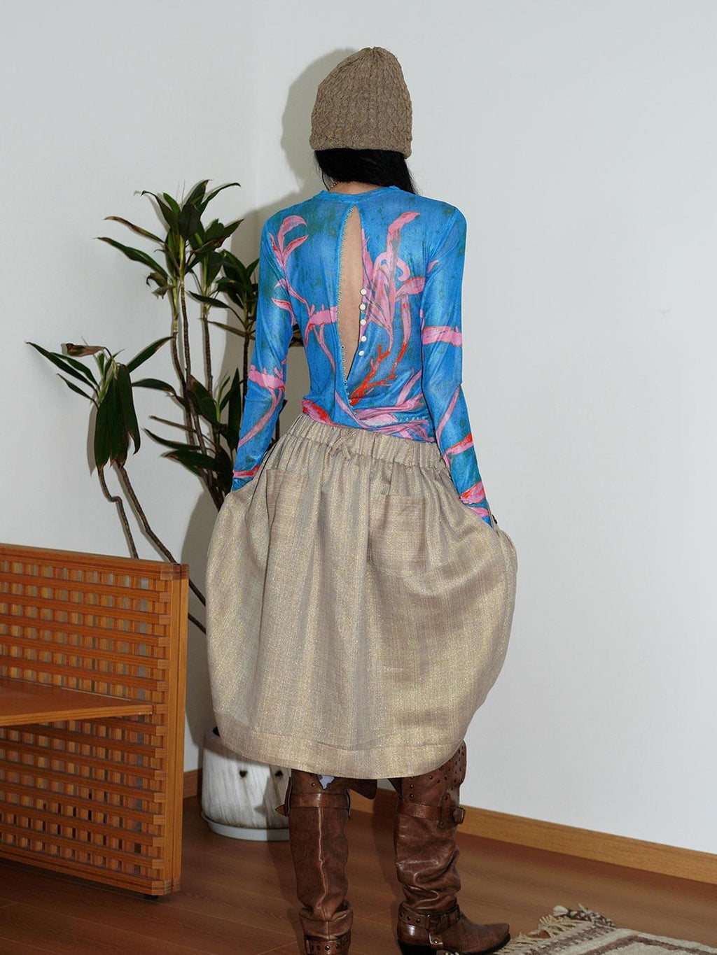 badtaste Striped Double Layer Fold Lantern Vintage Loose Women's Midi Skirts