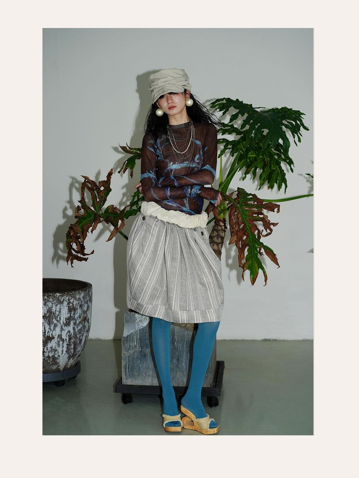 badtaste Striped Double Layer Fold Lantern Vintage Loose Women's Midi Skirts