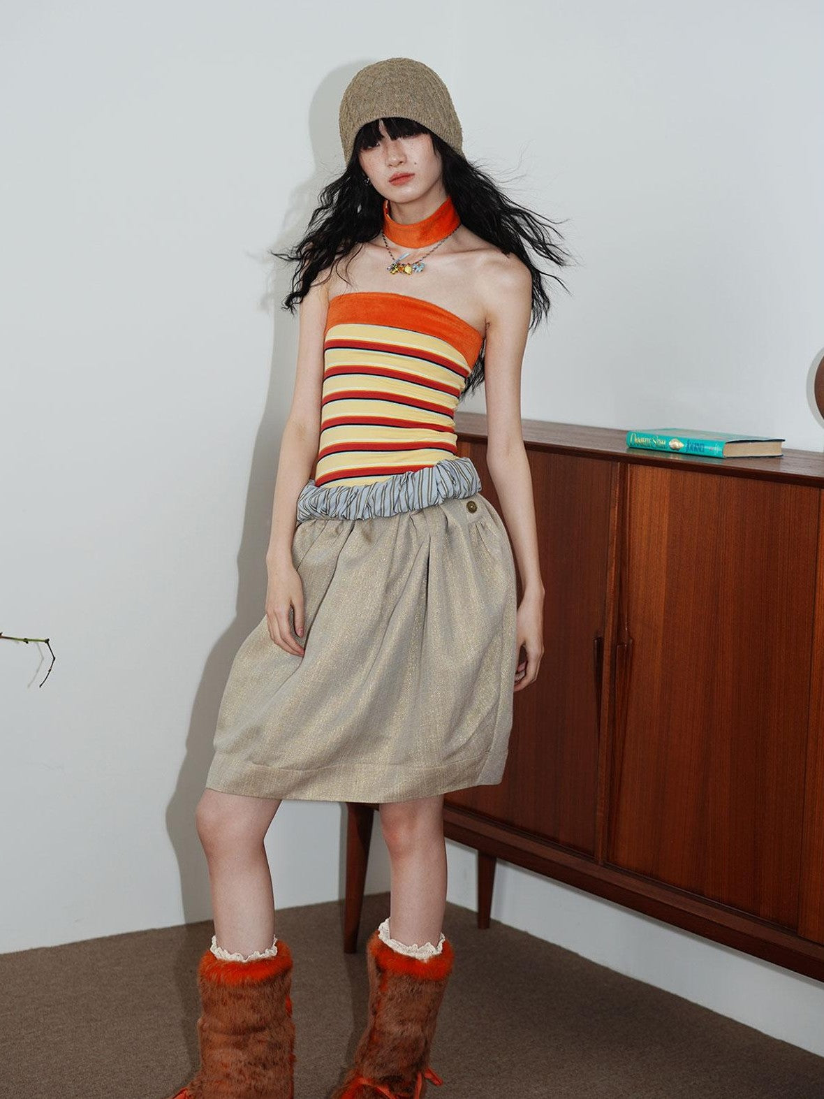 badtaste Striped Double Layer Fold Lantern Vintage Loose Women's Midi Skirts