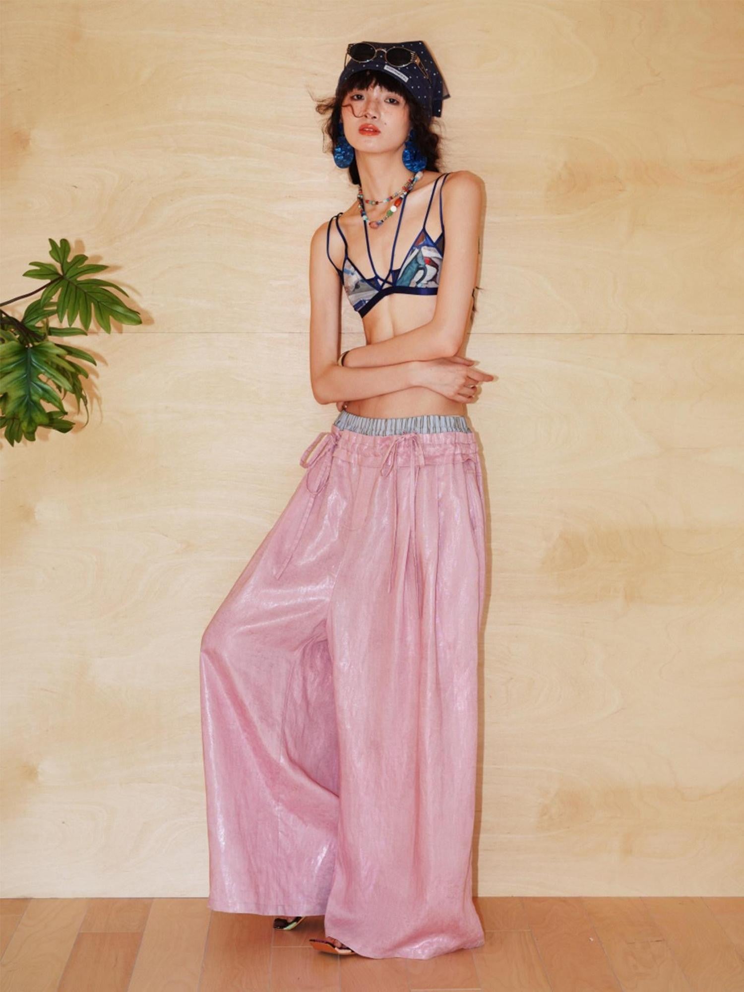 badtaste Striped Linen Patchwork Elastic Waist Lightweight Loose Women's Wide-leg Pants