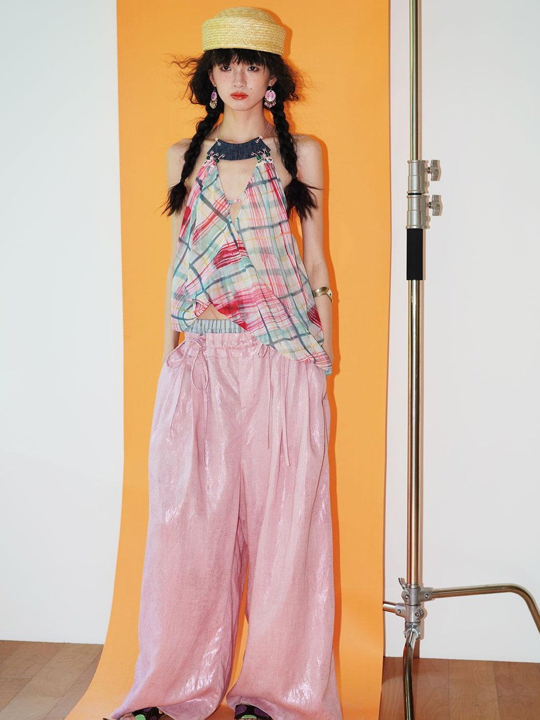 badtaste Striped Linen Patchwork Elastic Waist Lightweight Loose Women's Wide-leg Pants