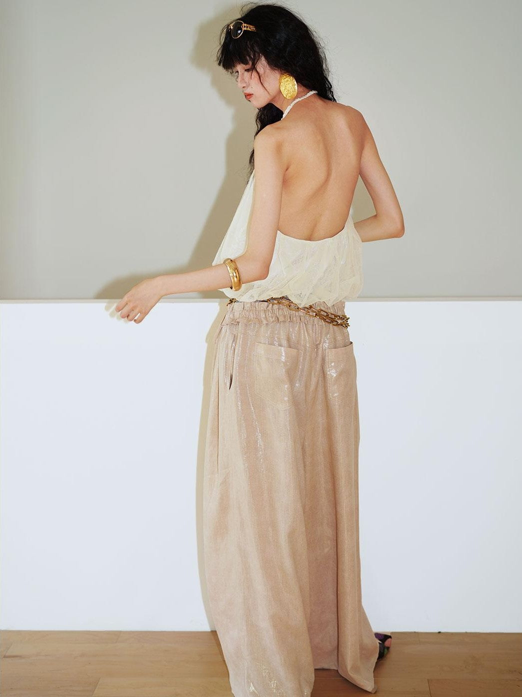 badtaste Striped Linen Patchwork Elastic Waist Lightweight Loose Women's Wide-leg Pants