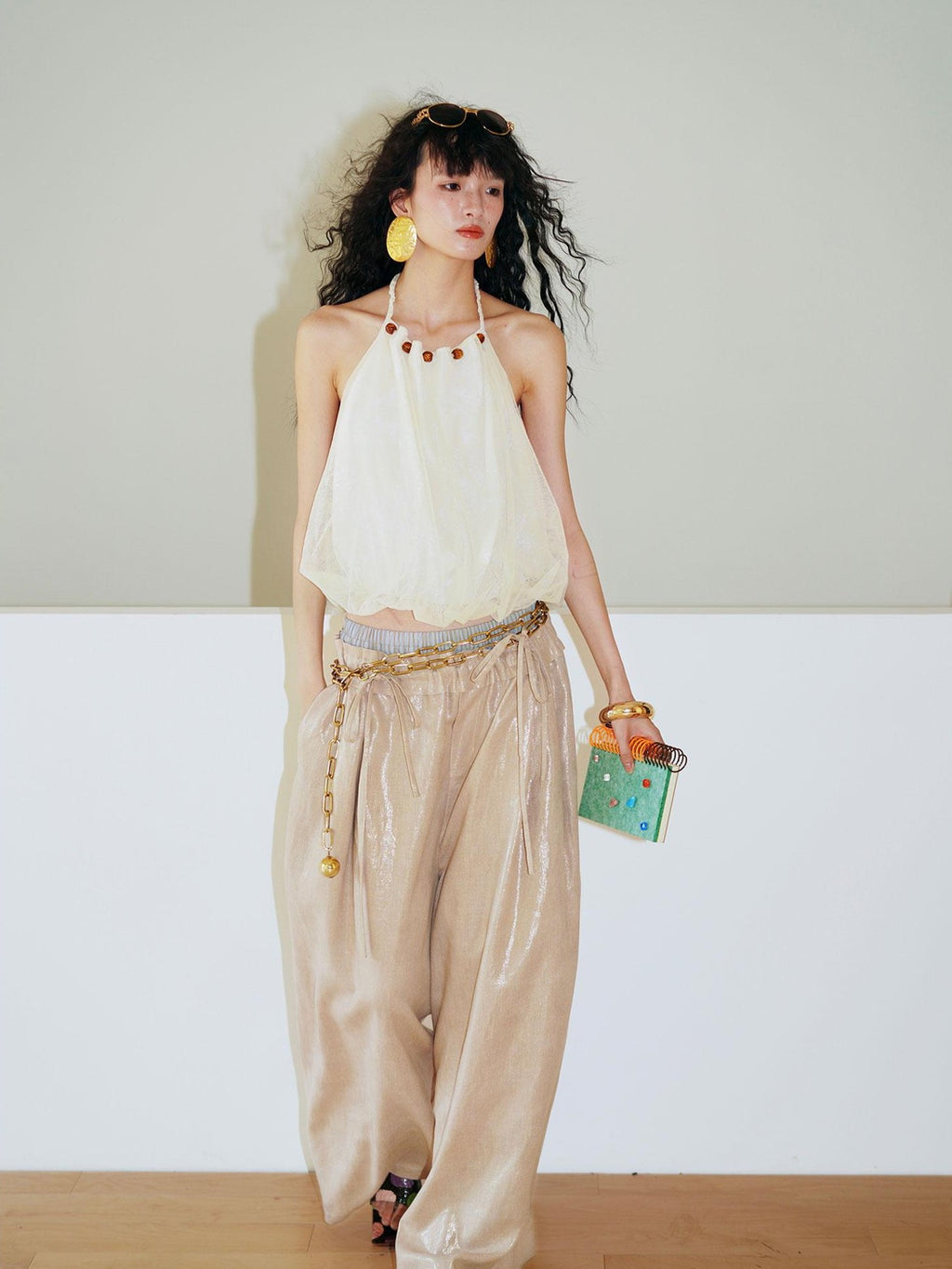 badtaste Striped Linen Patchwork Elastic Waist Lightweight Loose Women's Wide-leg Pants