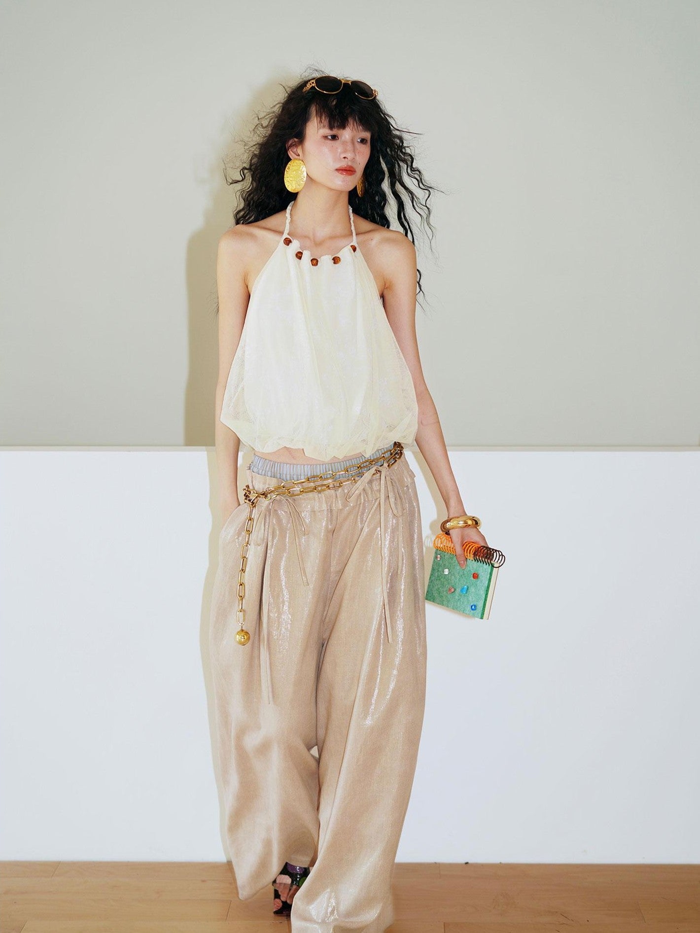 badtaste Striped Linen Patchwork Elastic Waist Lightweight Loose Women's Wide-leg Pants
