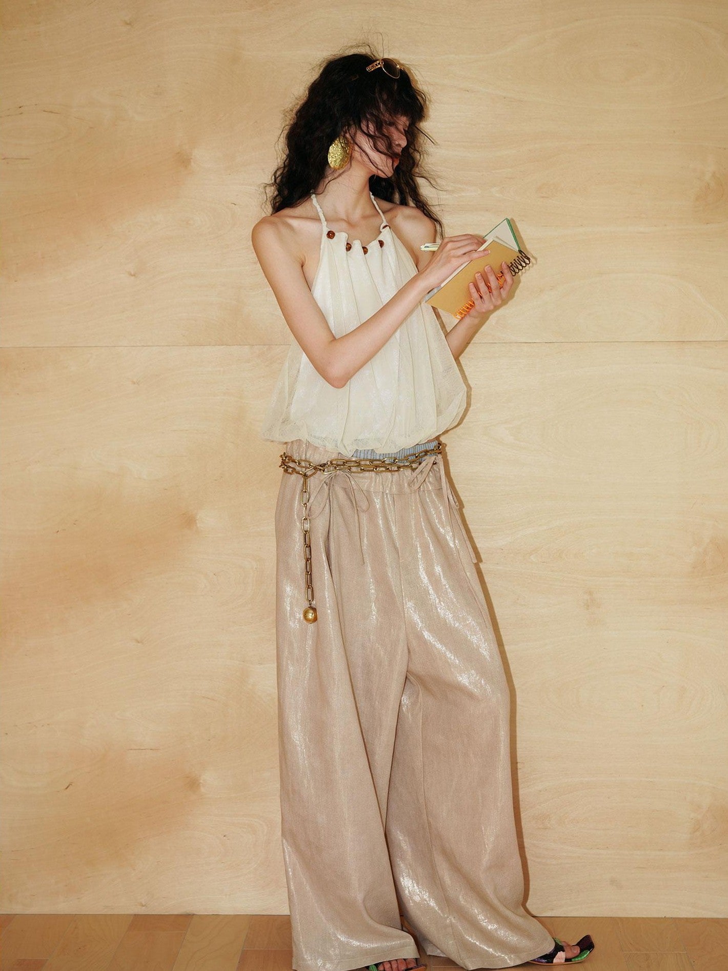 badtaste Striped Linen Patchwork Elastic Waist Lightweight Loose Women's Wide-leg Pants