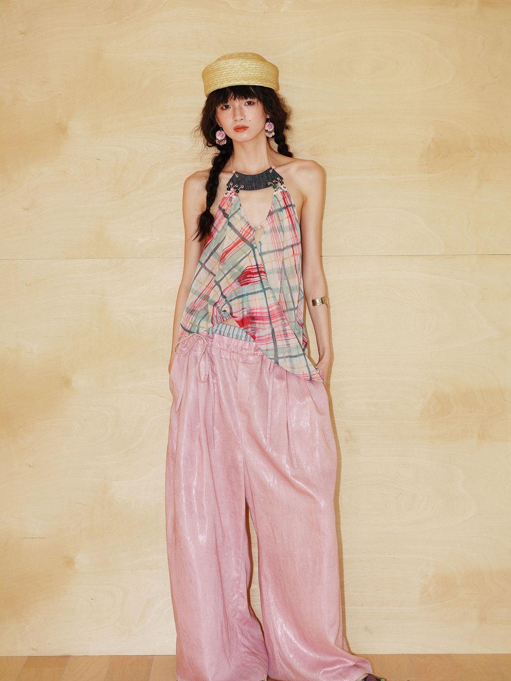 badtaste Striped Linen Patchwork Elastic Waist Lightweight Loose Women's Wide-leg Pants