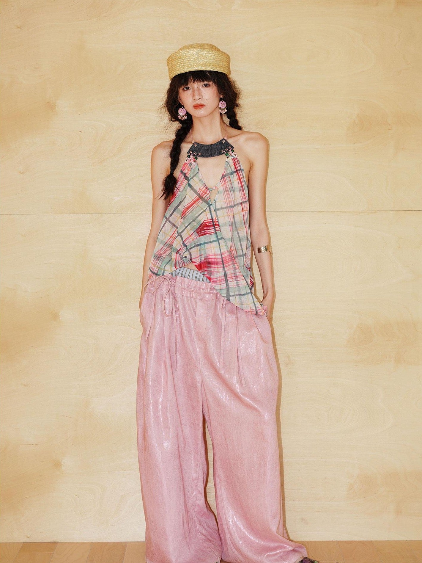 badtaste Striped Linen Patchwork Elastic Waist Lightweight Loose Women's Wide-leg Pants