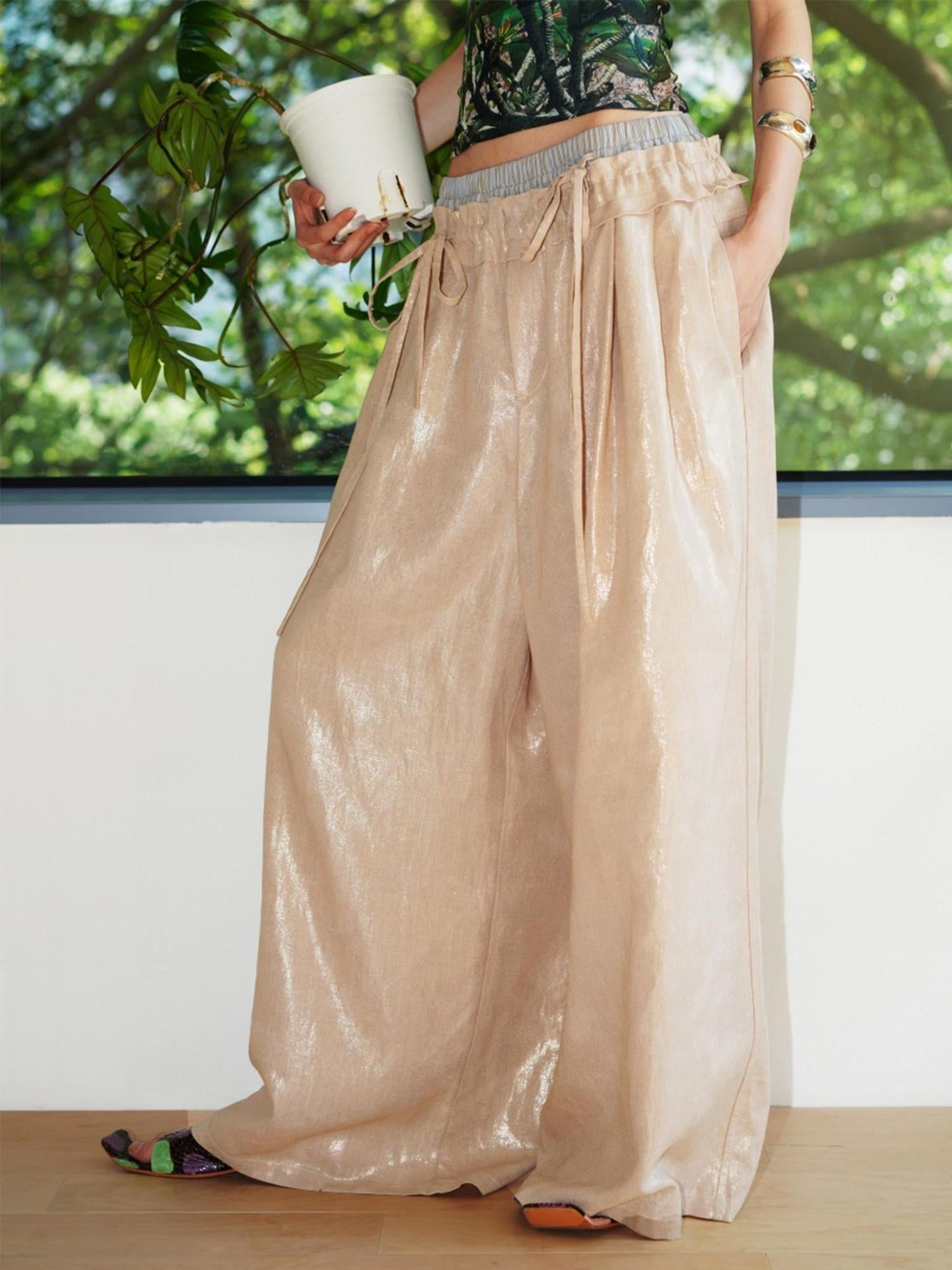 badtaste Striped Linen Patchwork Elastic Waist Lightweight Loose Women's Wide-leg Pants