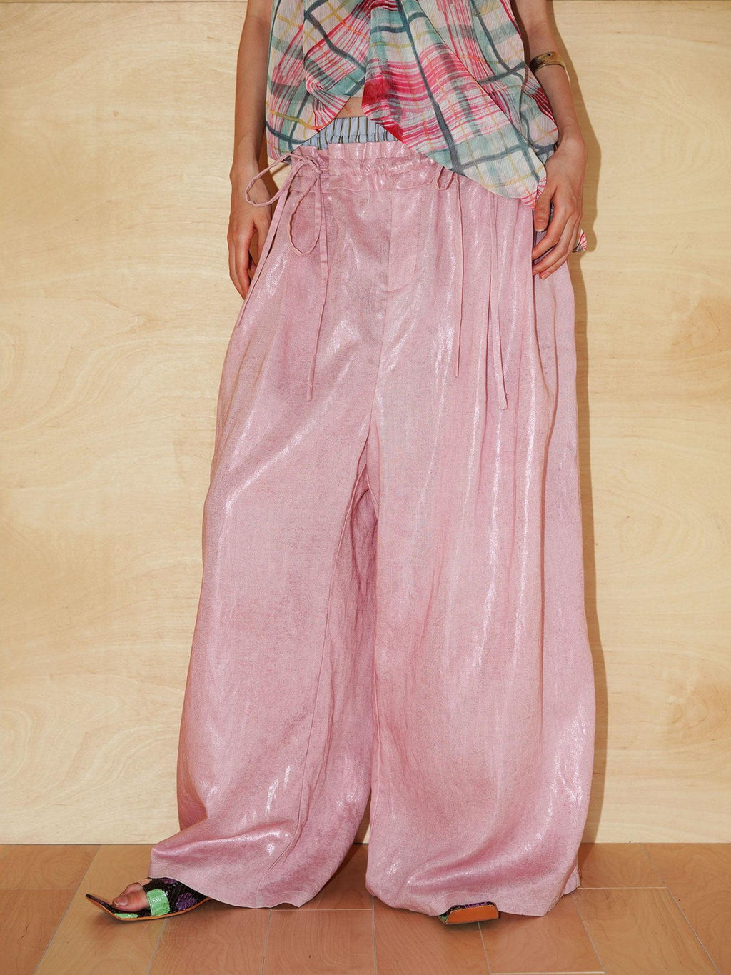 badtaste Striped Linen Patchwork Elastic Waist Lightweight Loose Women's Wide-leg Pants
