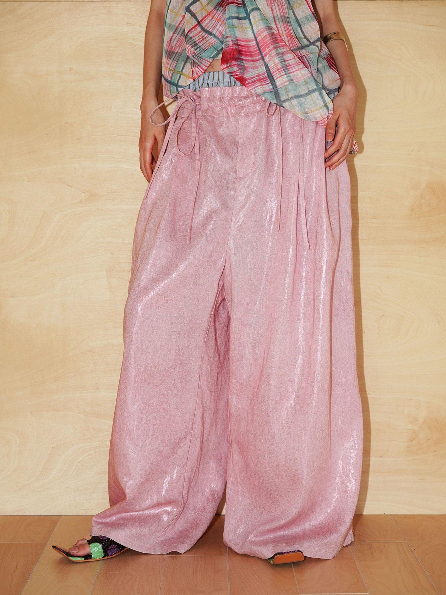 badtaste Striped Linen Patchwork Elastic Waist Lightweight Loose Women's Wide-leg Pants