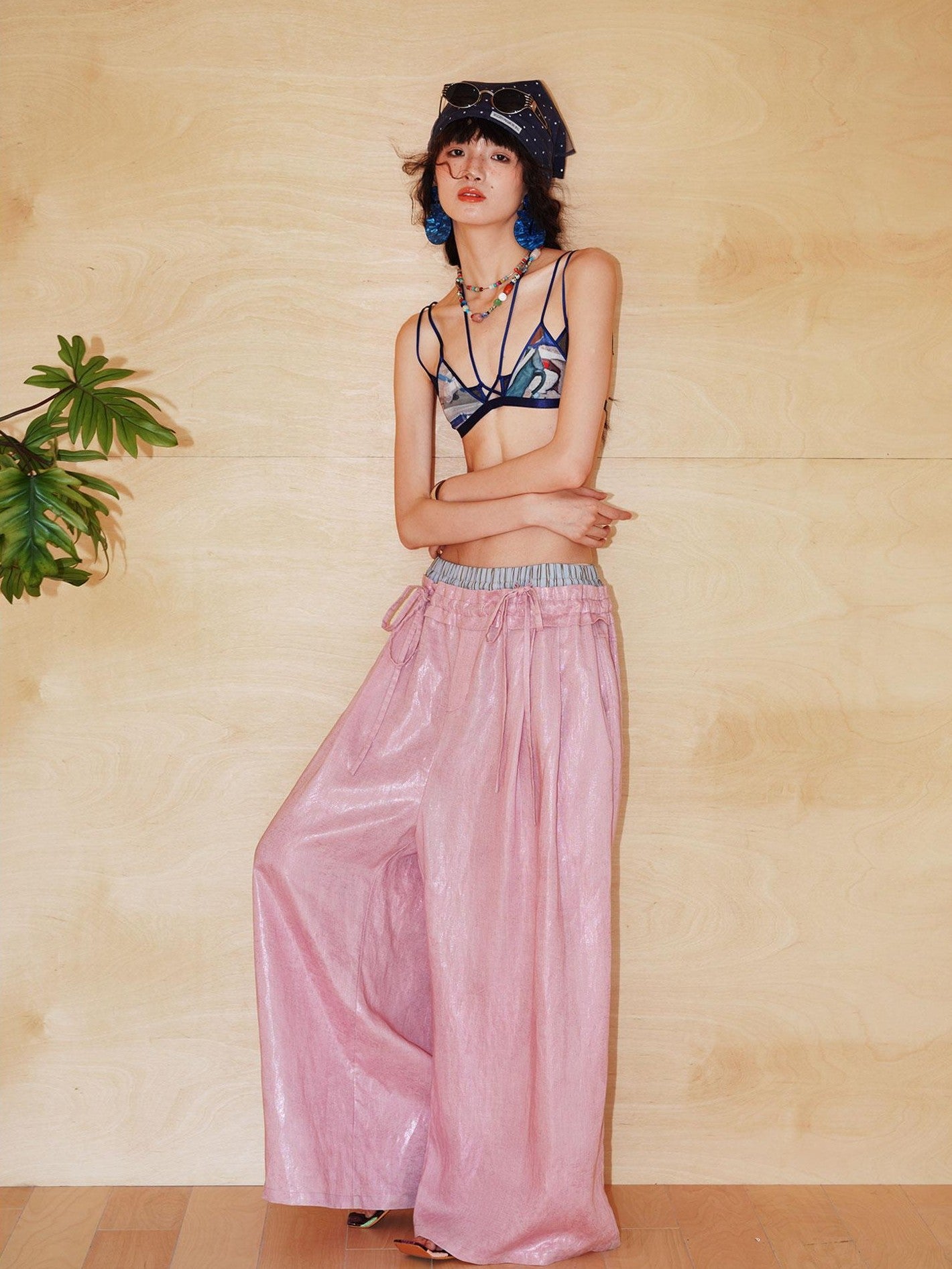 badtaste Striped Linen Patchwork Elastic Waist Lightweight Loose Women's Wide-leg Pants