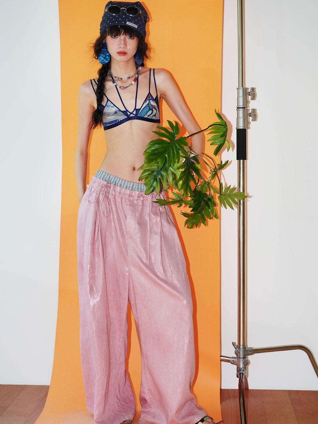 badtaste Striped Linen Patchwork Elastic Waist Lightweight Loose Women's Wide-leg Pants