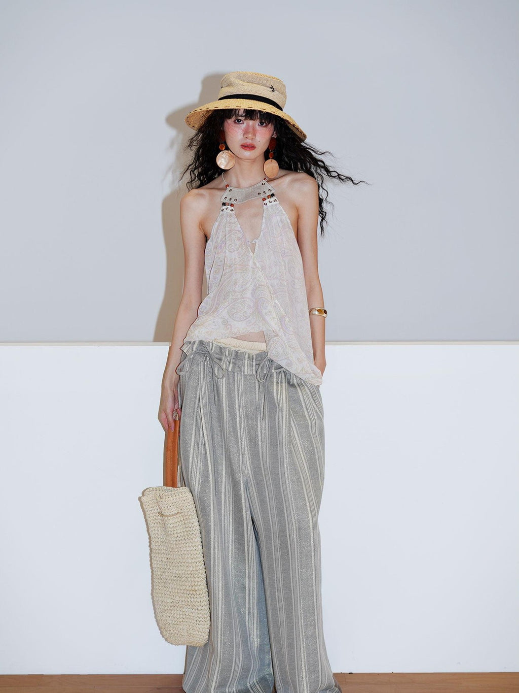 badtaste Striped Linen Patchwork Elastic Waist Lightweight Loose Women's Wide-leg Pants