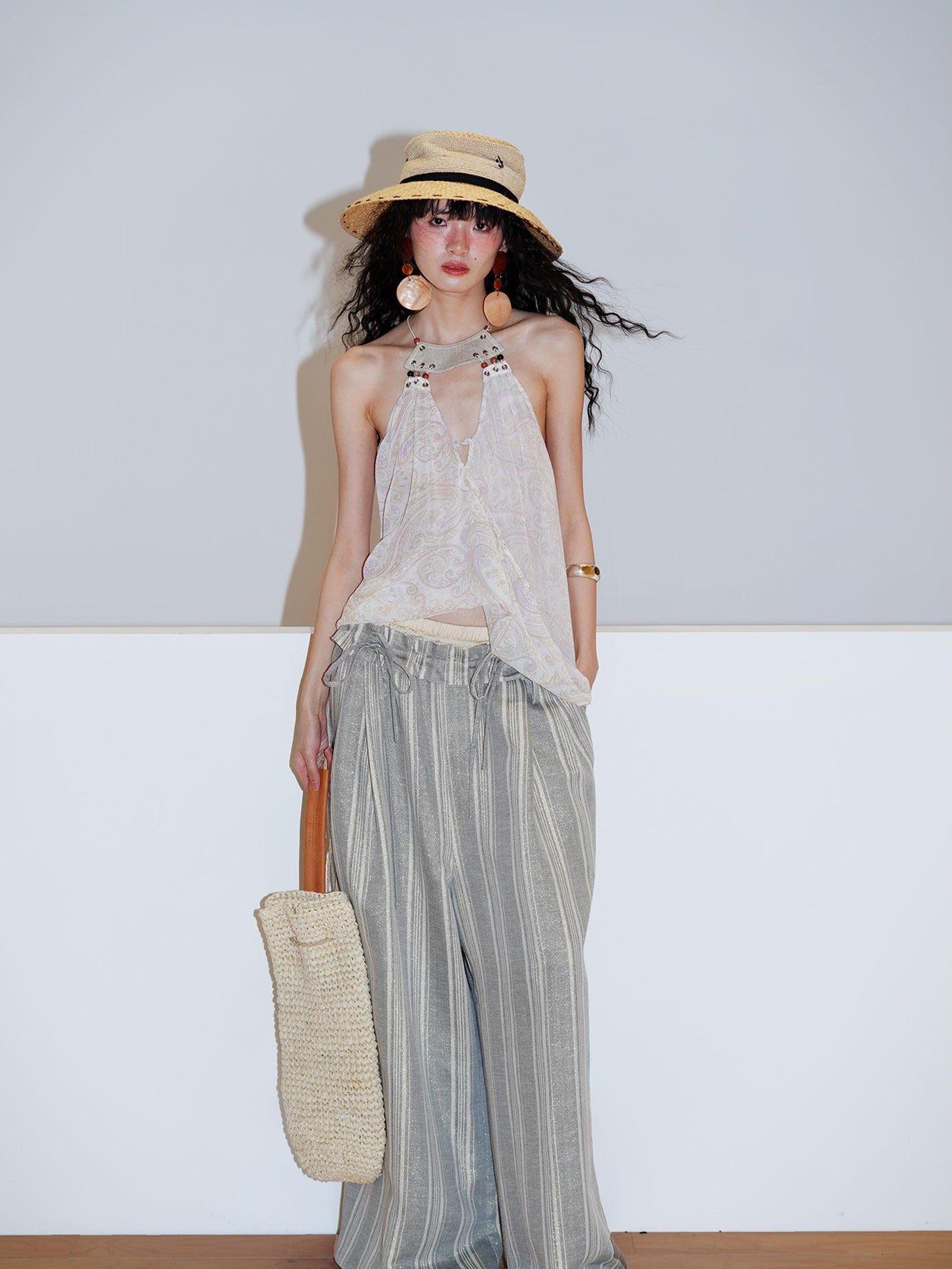 badtaste Striped Linen Patchwork Elastic Waist Lightweight Loose Women's Wide-leg Pants