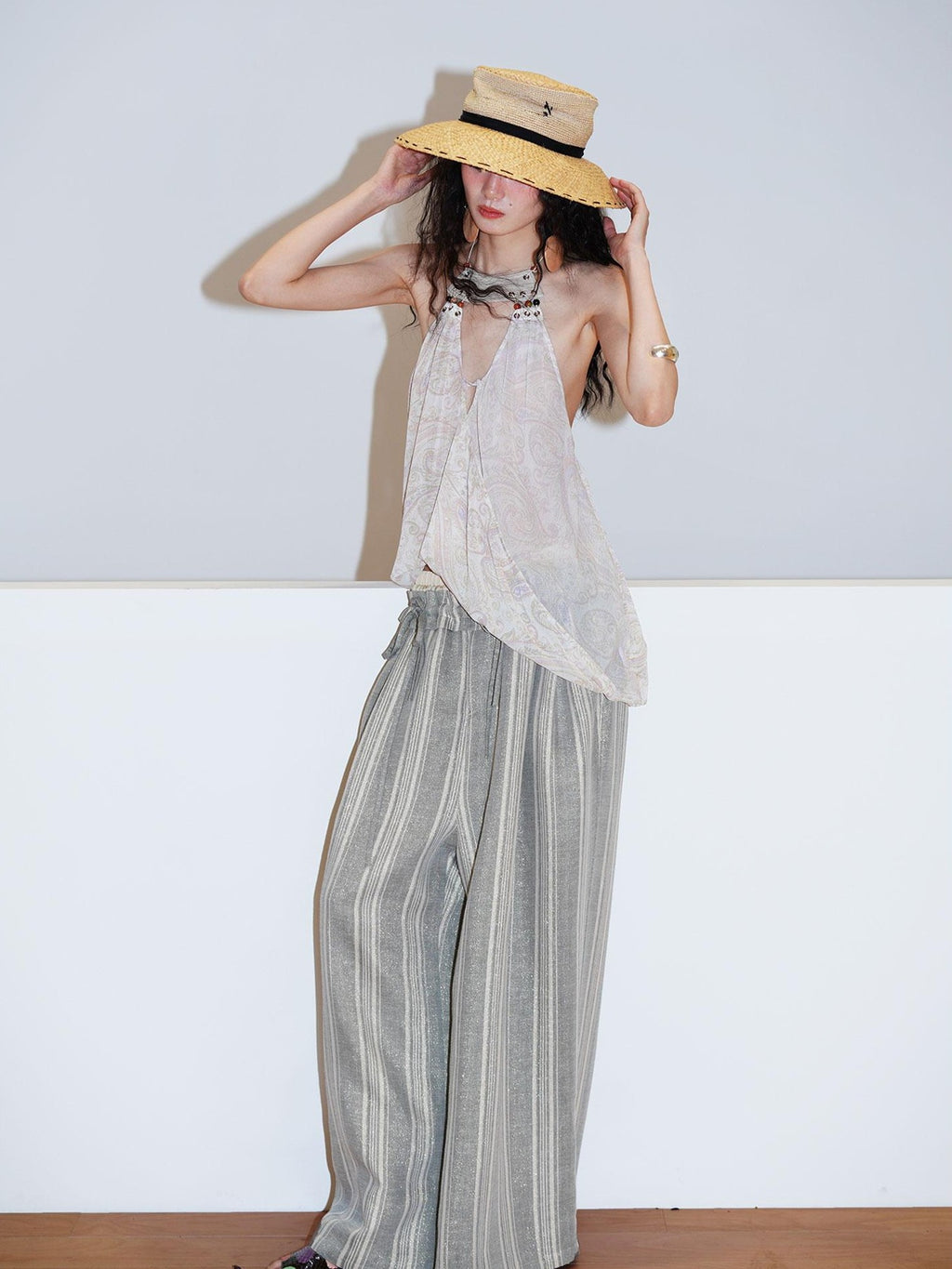 badtaste Striped Linen Patchwork Elastic Waist Lightweight Loose Women's Wide-leg Pants
