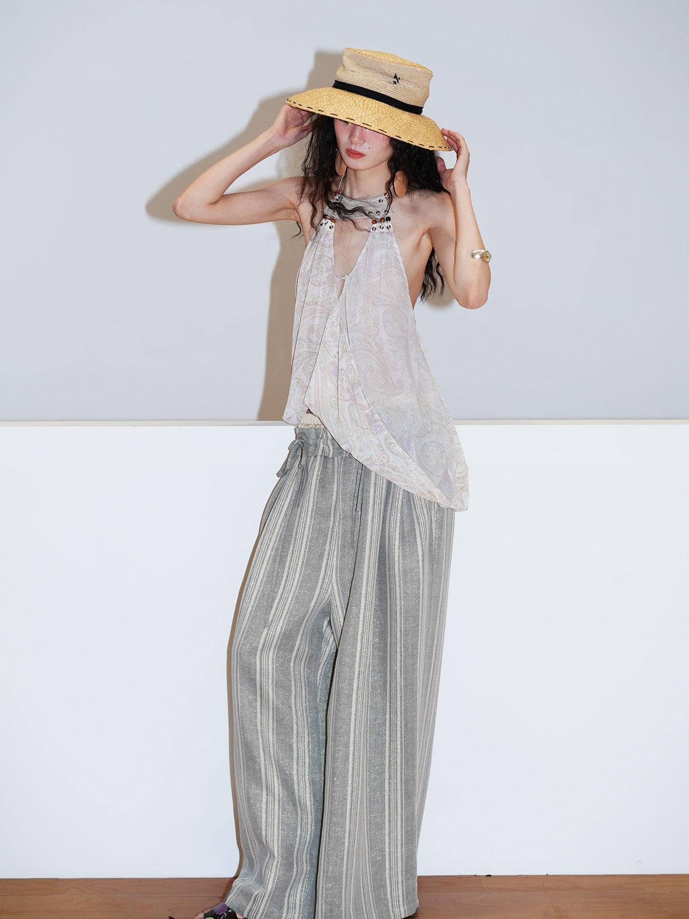badtaste Striped Linen Patchwork Elastic Waist Lightweight Loose Women's Wide-leg Pants
