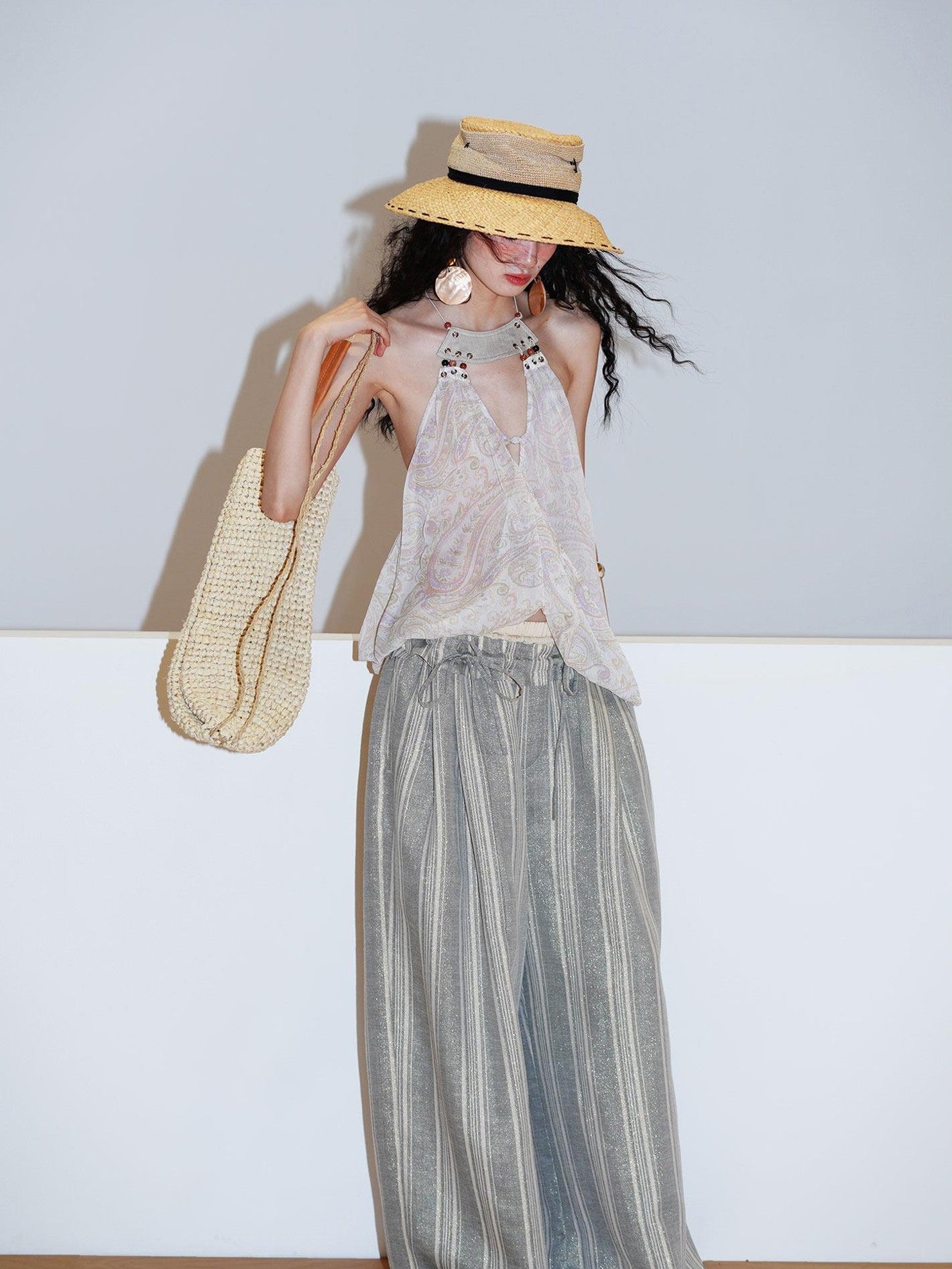 badtaste Striped Linen Patchwork Elastic Waist Lightweight Loose Women's Wide-leg Pants
