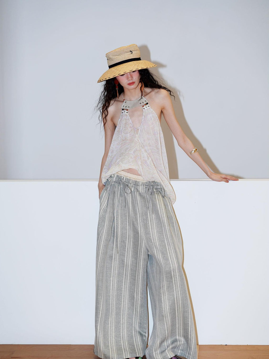 badtaste Striped Linen Patchwork Elastic Waist Lightweight Loose Women's Wide-leg Pants