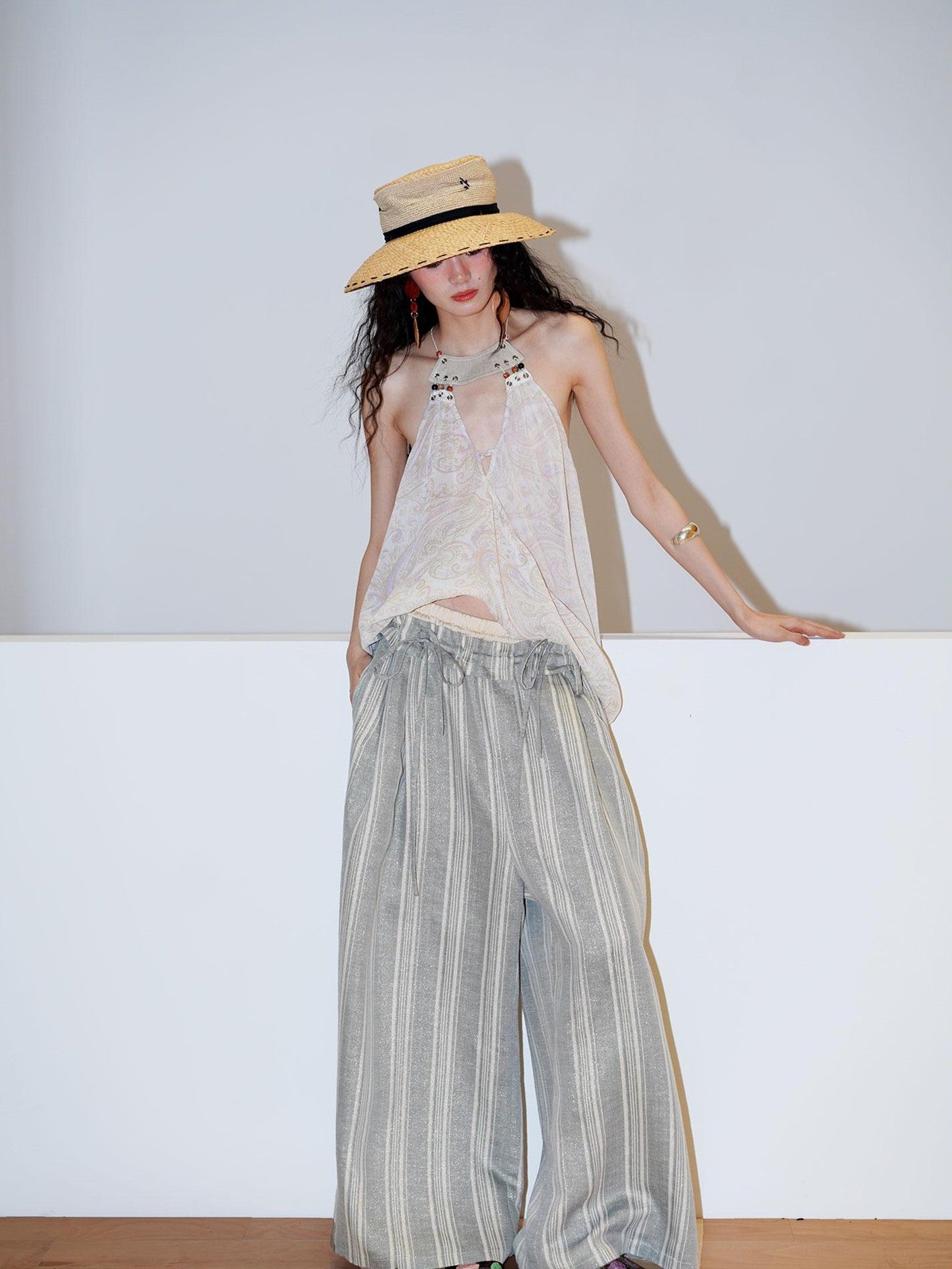 badtaste Striped Linen Patchwork Elastic Waist Lightweight Loose Women's Wide-leg Pants