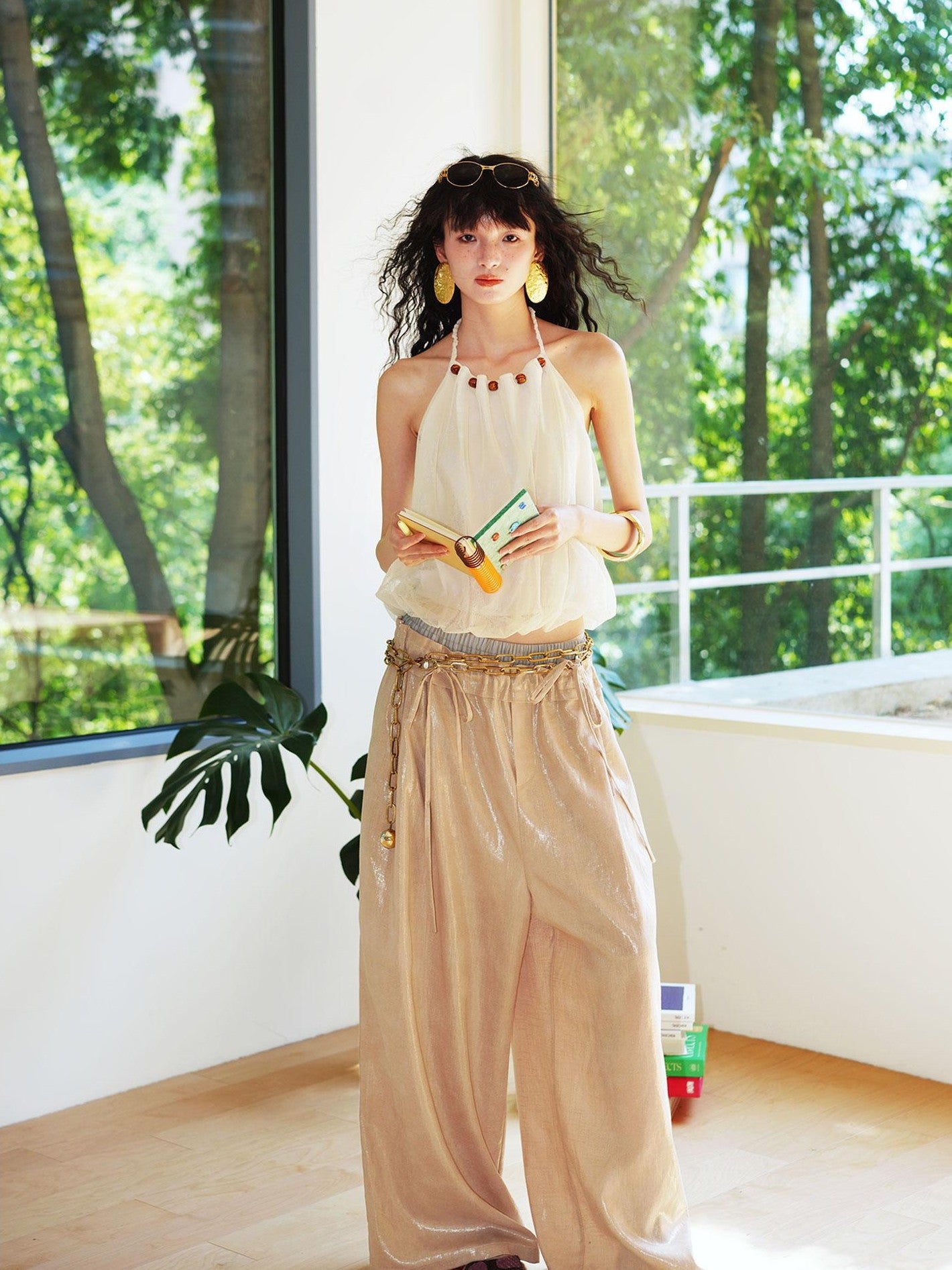 badtaste Striped Linen Patchwork Elastic Waist Lightweight Loose Women's Wide-leg Pants