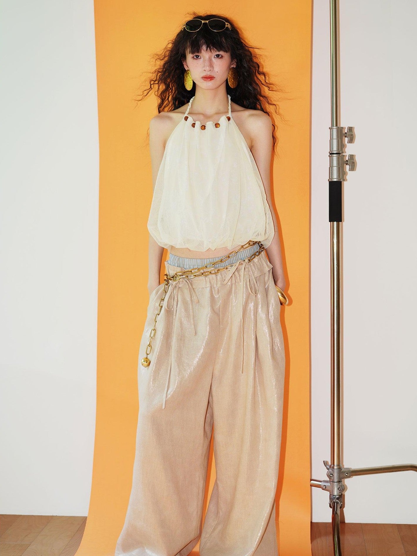 badtaste Striped Linen Patchwork Elastic Waist Lightweight Loose Women's Wide-leg Pants