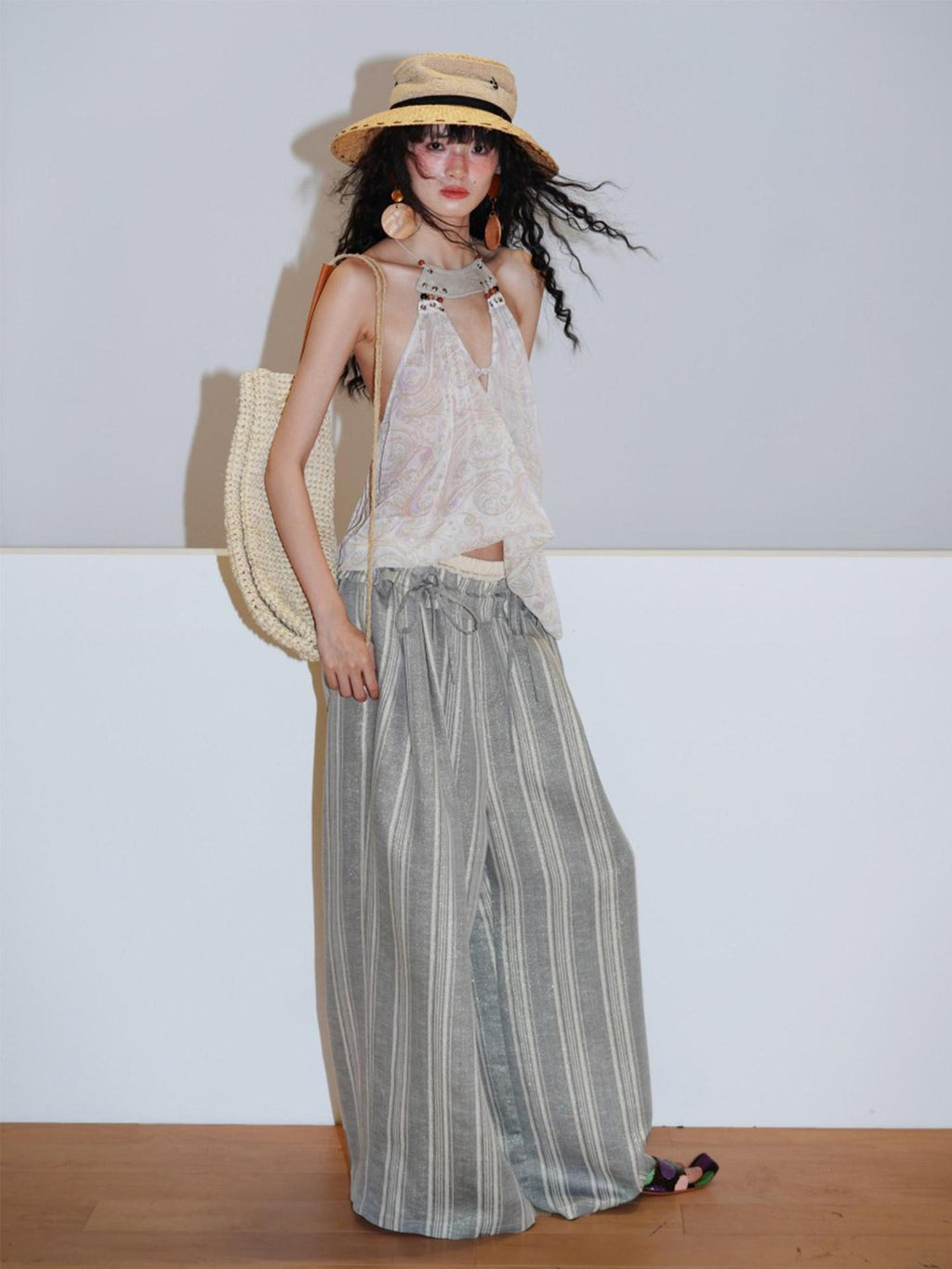 badtaste Striped Linen Patchwork Elastic Waist Lightweight Loose Women's Wide-leg Pants