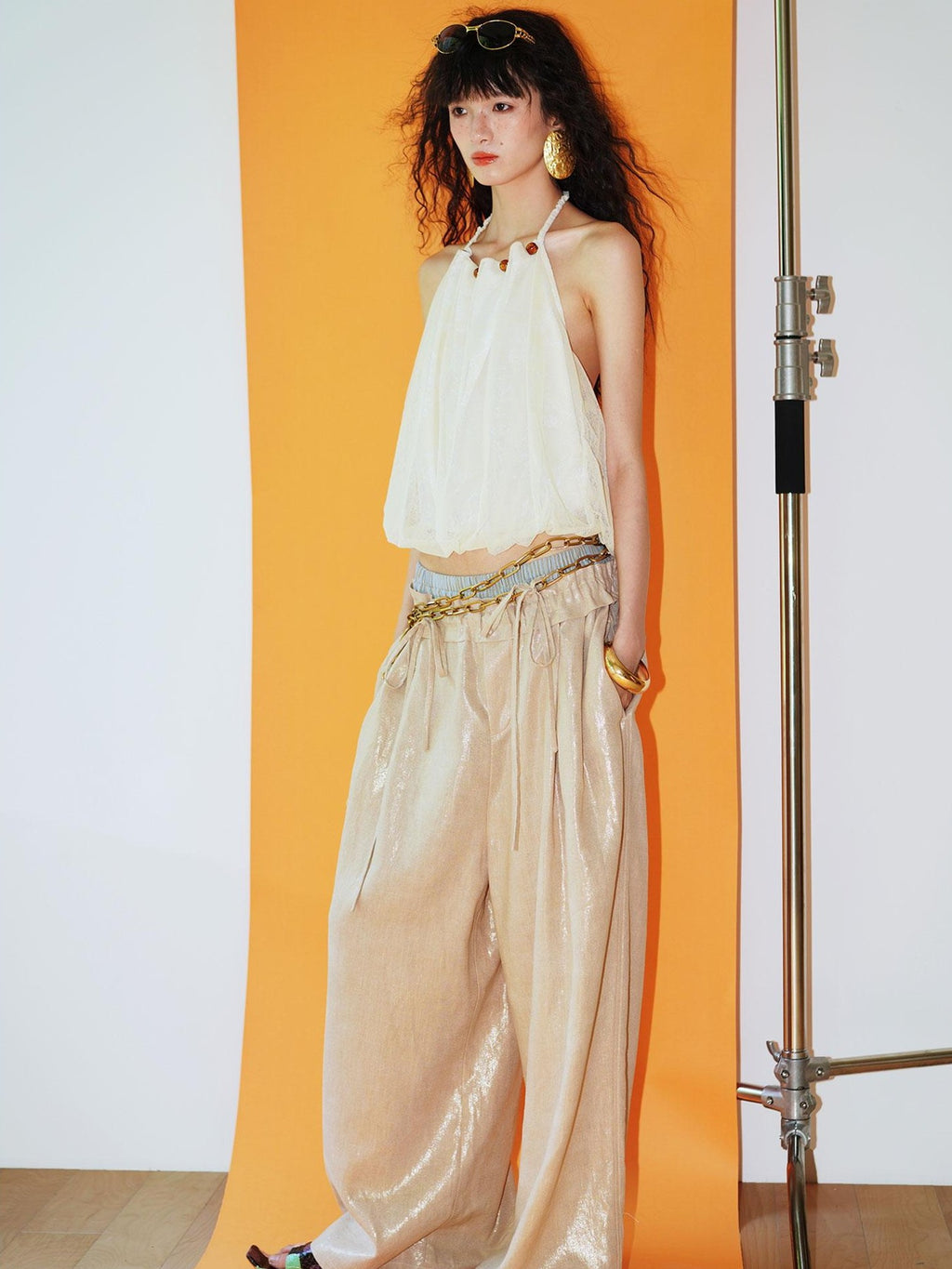 badtaste Striped Linen Patchwork Elastic Waist Lightweight Loose Women's Wide-leg Pants