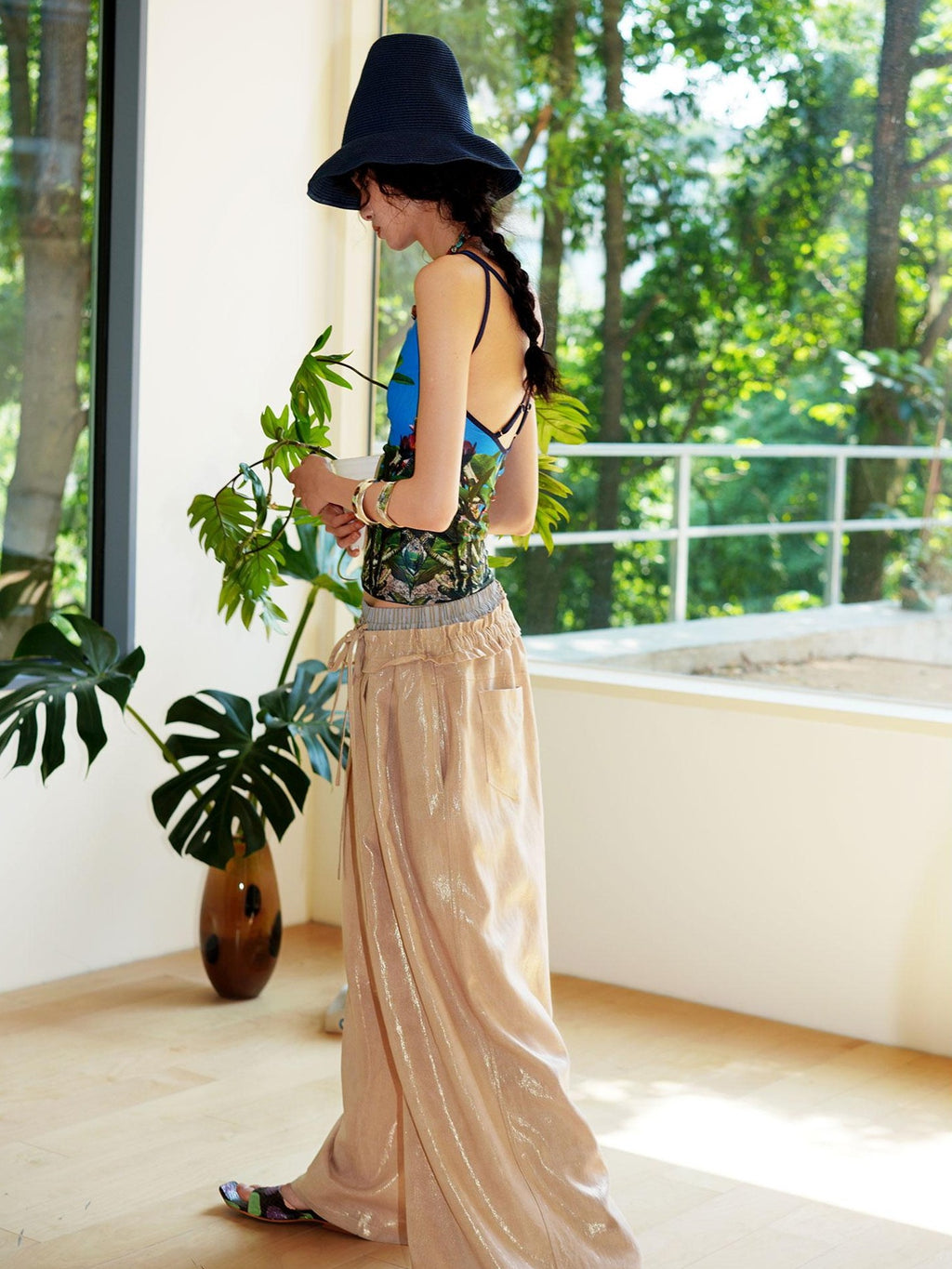 badtaste Striped Linen Patchwork Elastic Waist Lightweight Loose Women's Wide-leg Pants