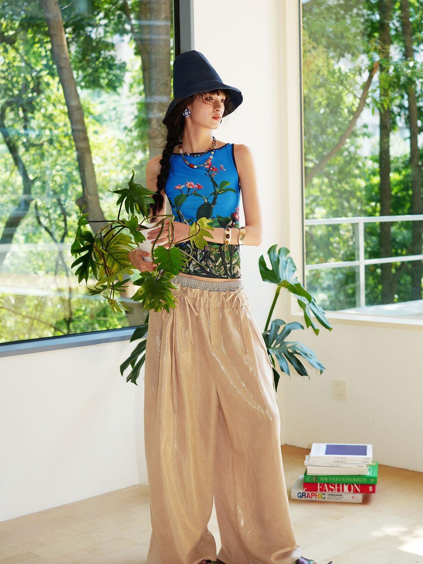 badtaste Striped Linen Patchwork Elastic Waist Lightweight Loose Women's Wide-leg Pants