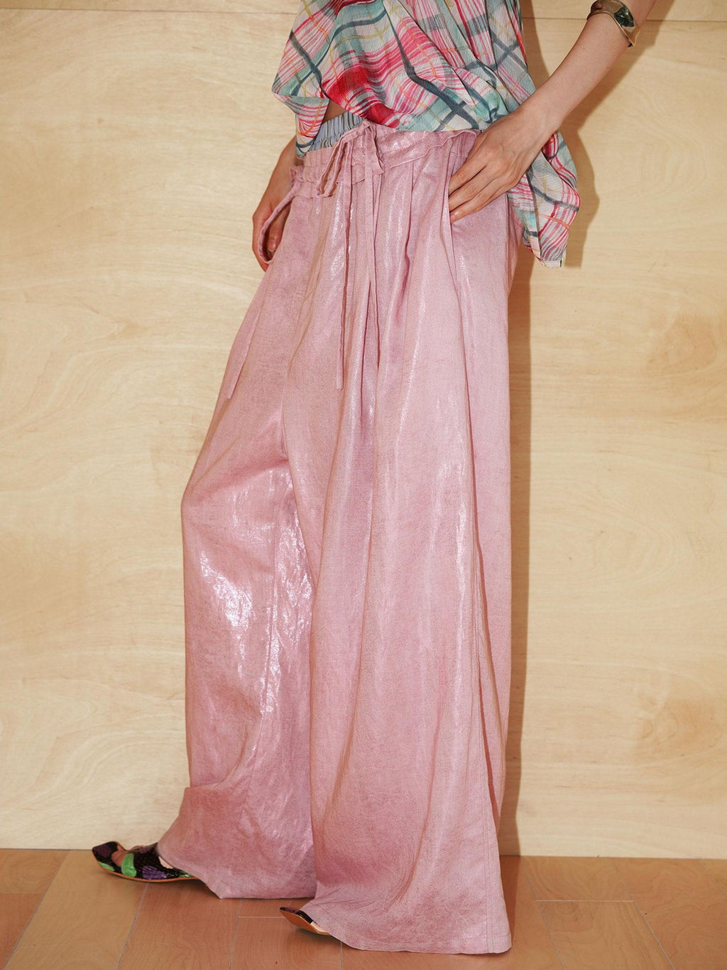 badtaste Striped Linen Patchwork Elastic Waist Lightweight Loose Women's Wide-leg Pants
