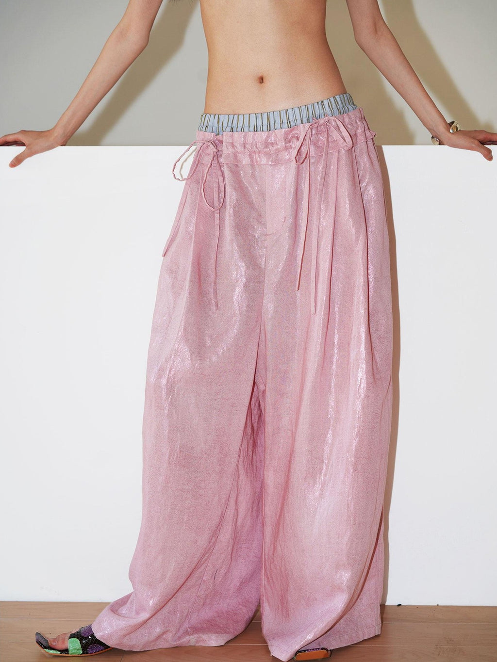 badtaste Striped Linen Patchwork Elastic Waist Lightweight Loose Women's Wide-leg Pants