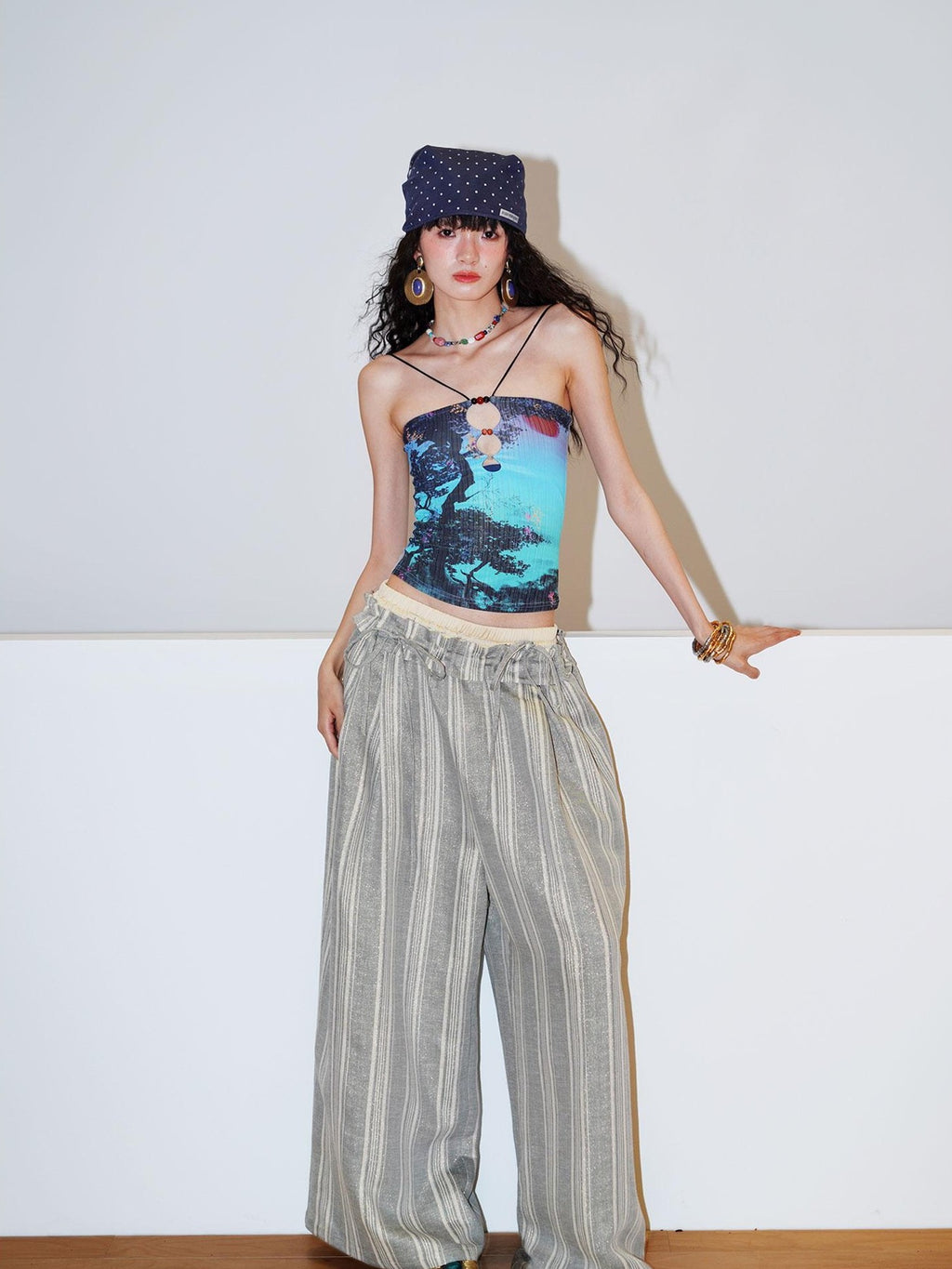 badtaste Striped Linen Patchwork Elastic Waist Lightweight Loose Women's Wide-leg Pants