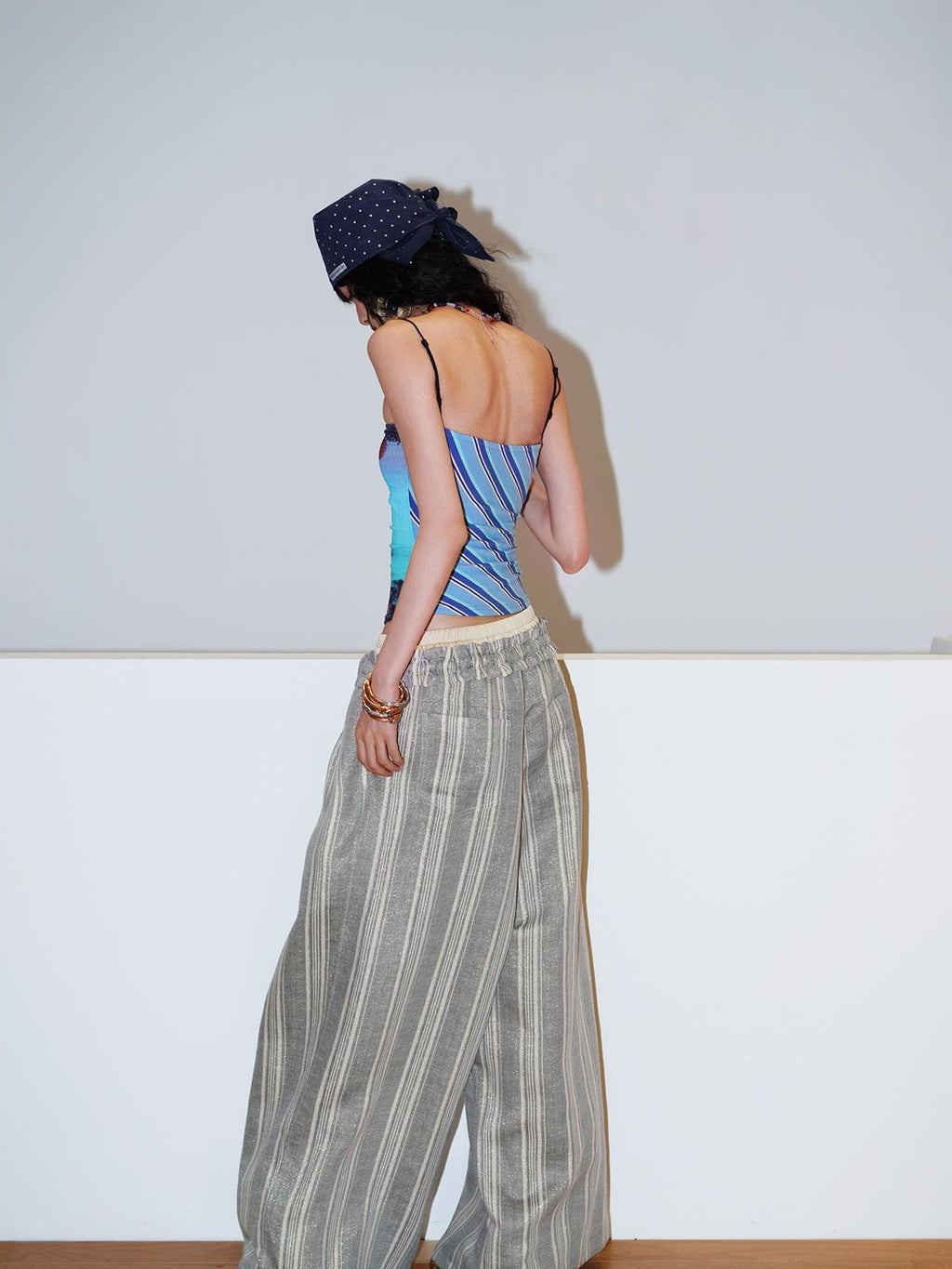 badtaste Striped Linen Patchwork Elastic Waist Lightweight Loose Women's Wide-leg Pants