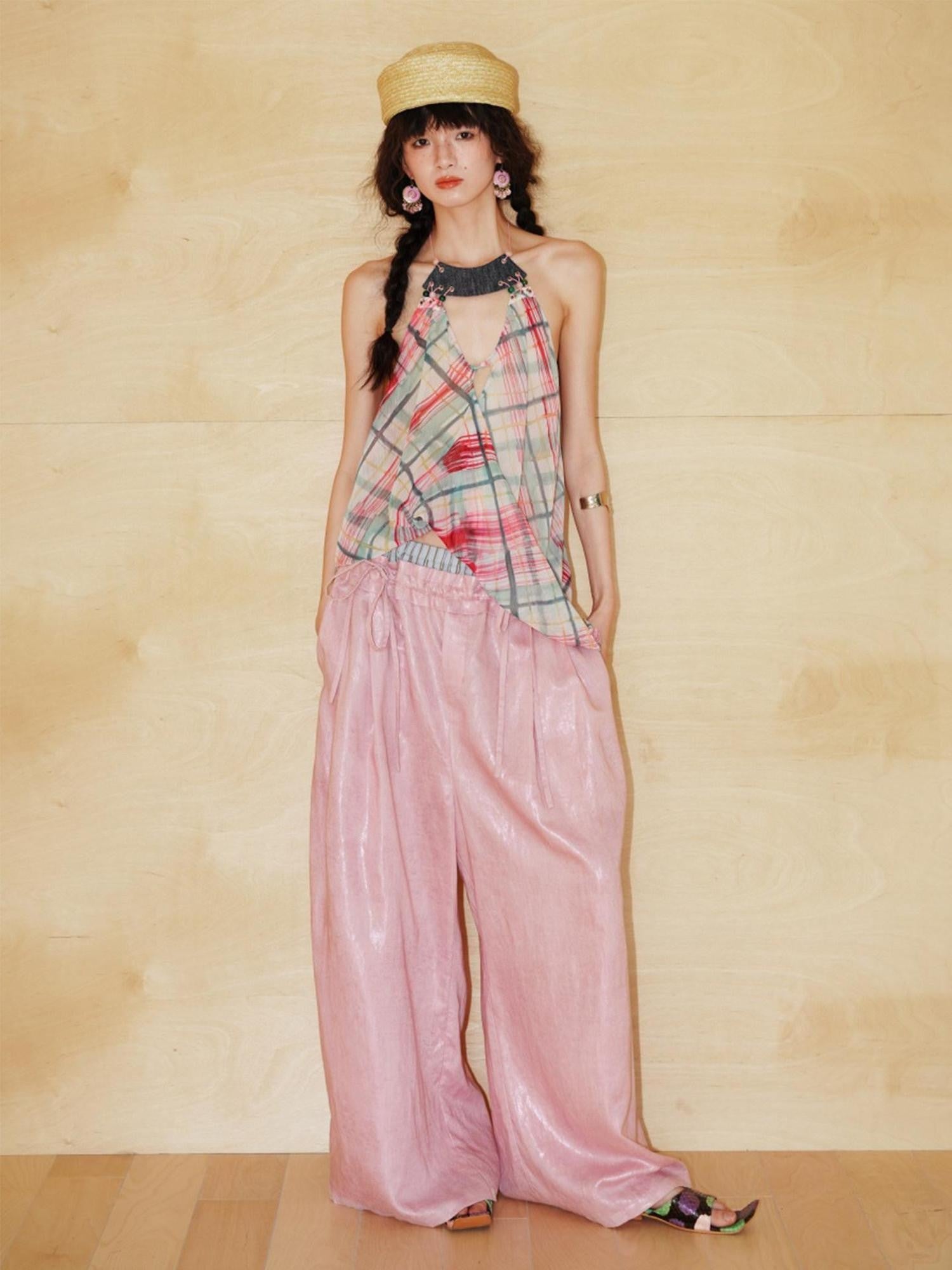 badtaste Striped Linen Patchwork Elastic Waist Lightweight Loose Women's Wide-leg Pants