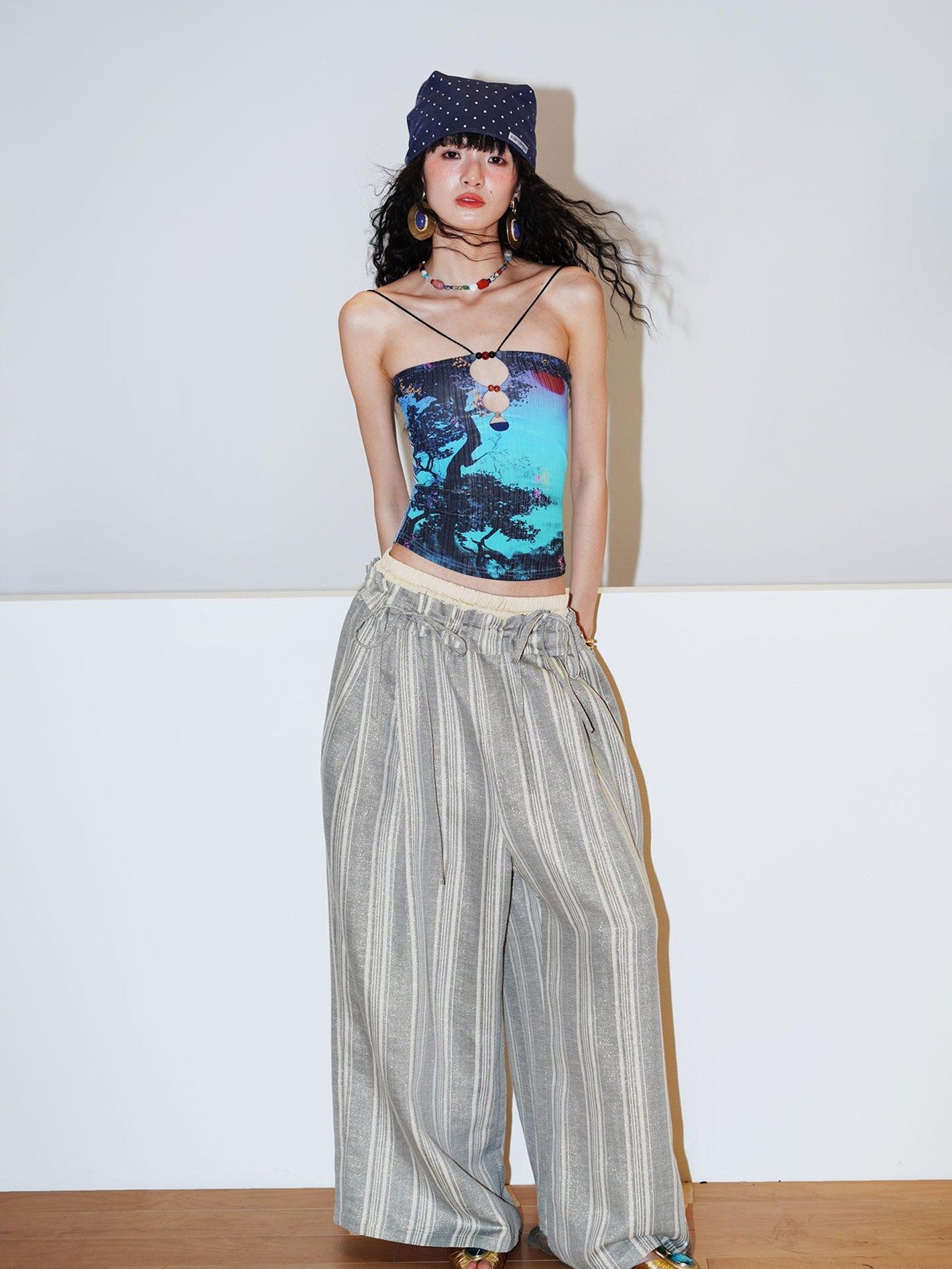 badtaste Striped Linen Patchwork Elastic Waist Lightweight Loose Women's Wide-leg Pants