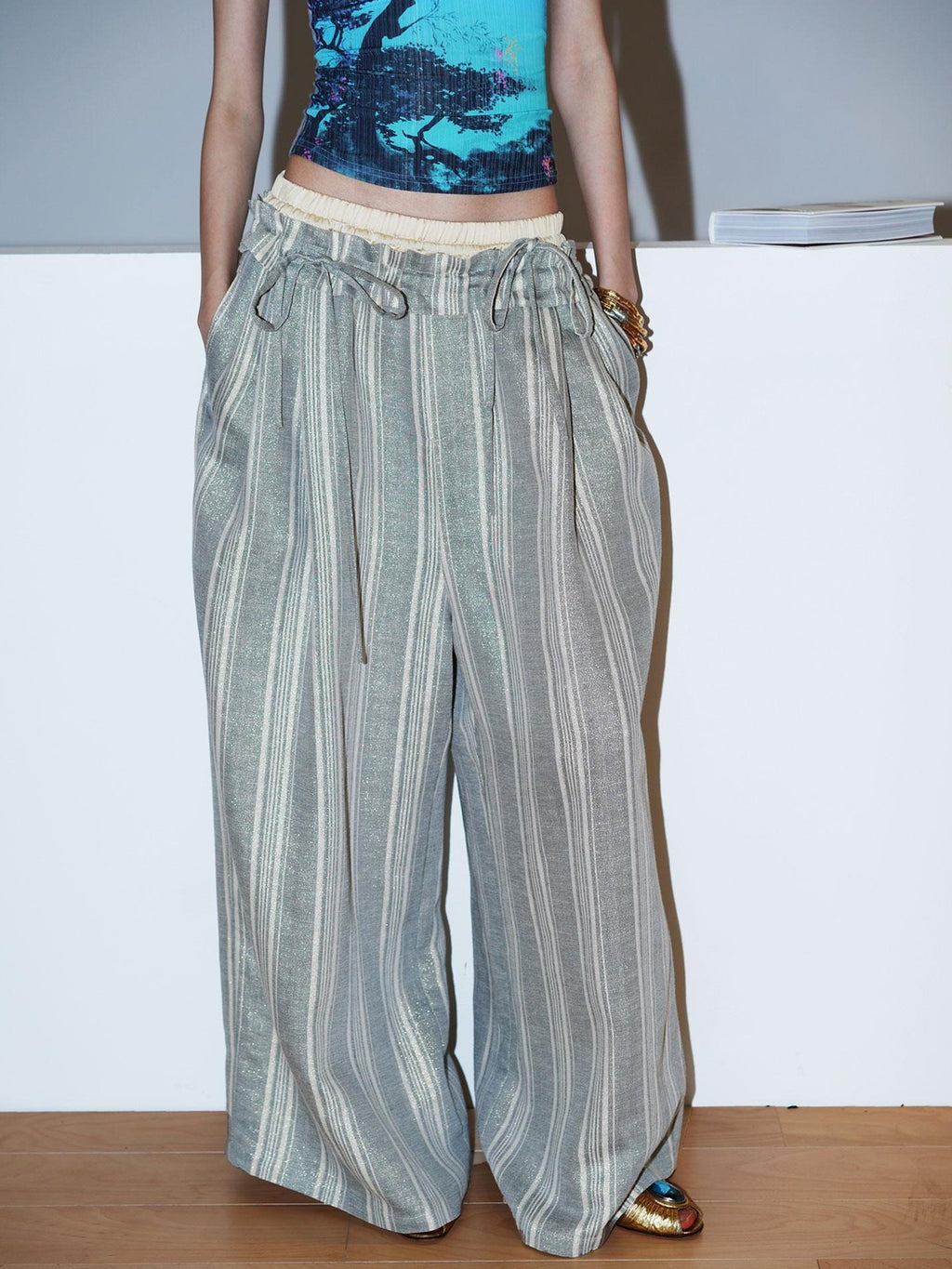 badtaste Striped Linen Patchwork Elastic Waist Lightweight Loose Women's Wide-leg Pants