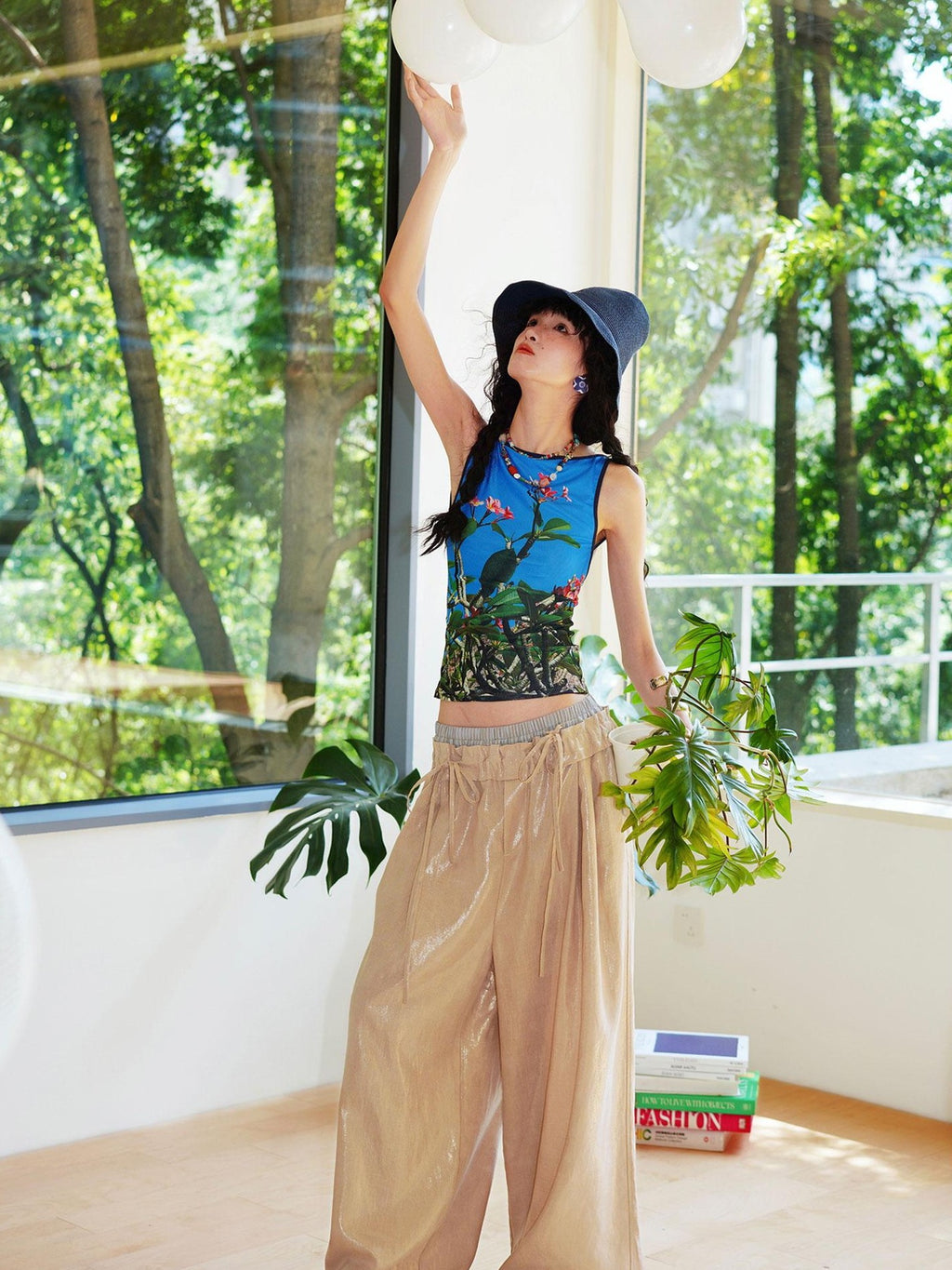 badtaste Striped Linen Patchwork Elastic Waist Lightweight Loose Women's Wide-leg Pants