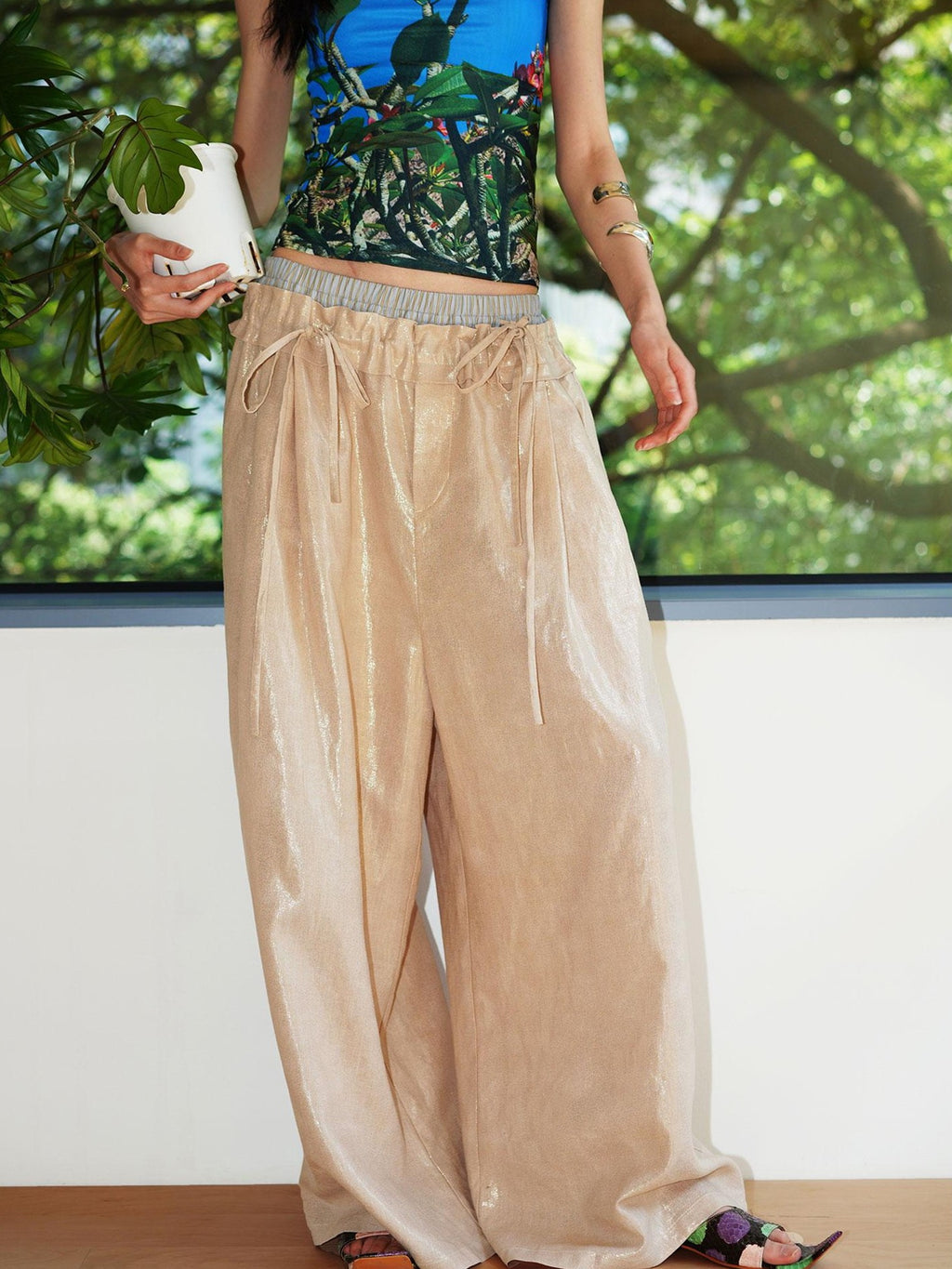 badtaste Striped Linen Patchwork Elastic Waist Lightweight Loose Women's Wide-leg Pants