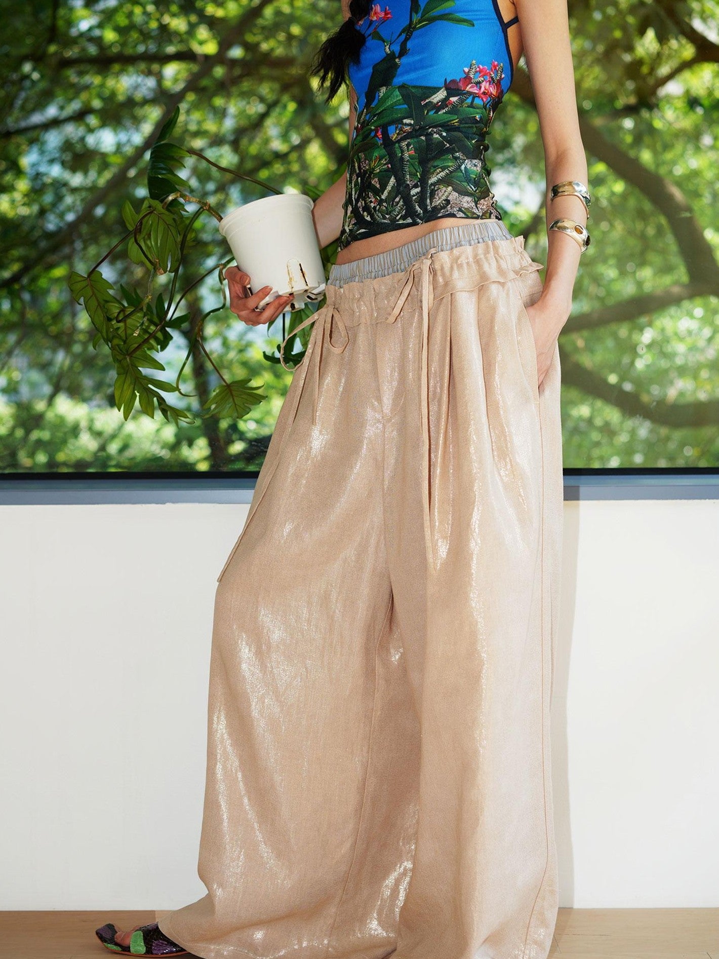 badtaste Striped Linen Patchwork Elastic Waist Lightweight Loose Women's Wide-leg Pants