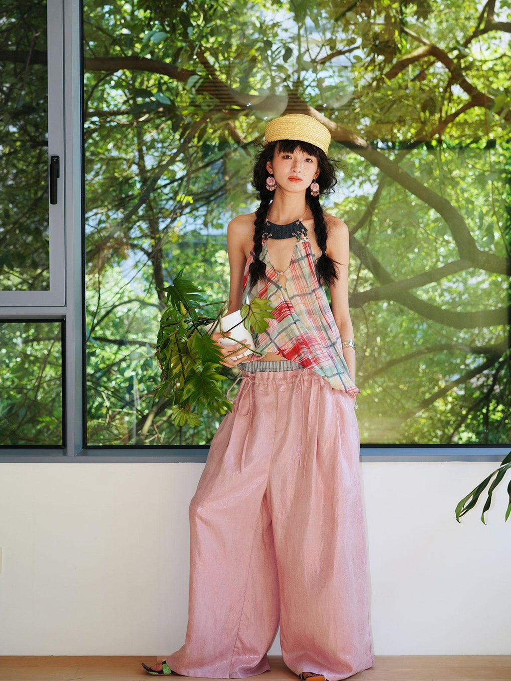 badtaste Striped Linen Patchwork Elastic Waist Lightweight Loose Women's Wide-leg Pants