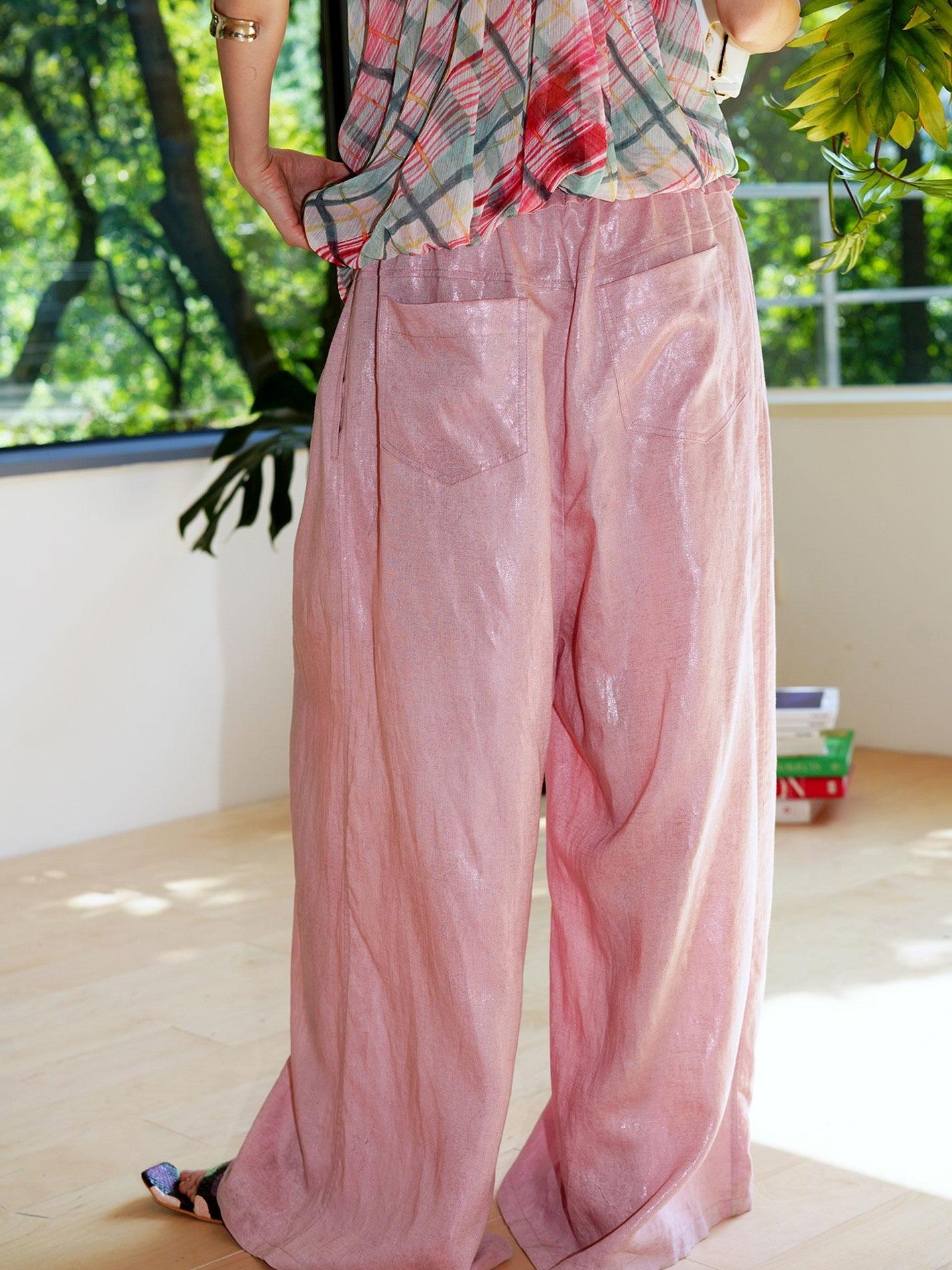 badtaste Striped Linen Patchwork Elastic Waist Lightweight Loose Women's Wide-leg Pants
