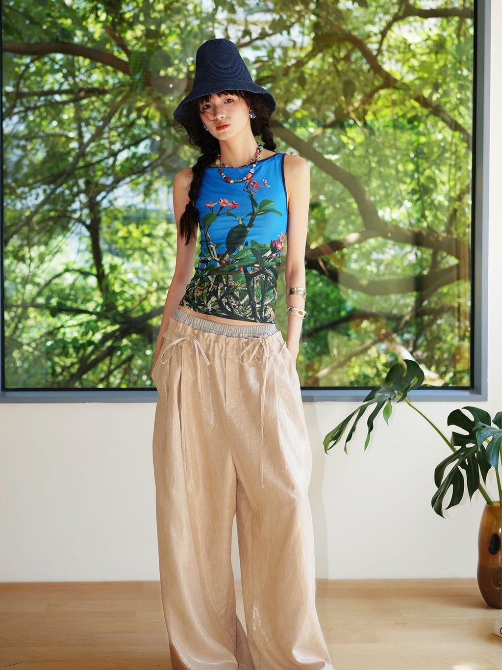 badtaste Striped Linen Patchwork Elastic Waist Lightweight Loose Women's Wide-leg Pants