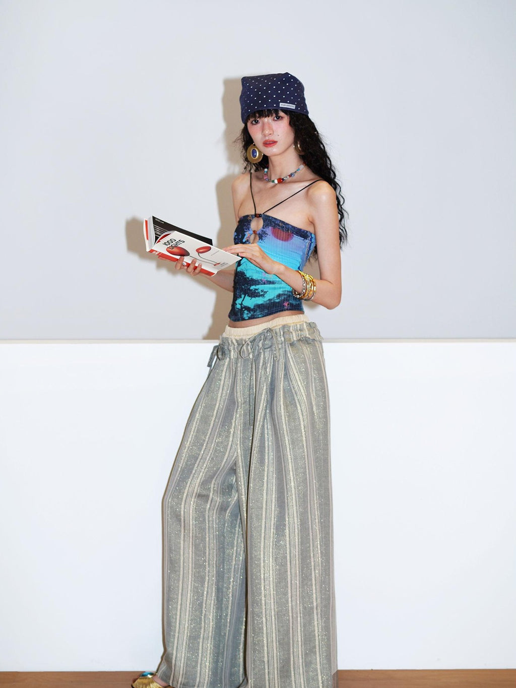 badtaste Striped Linen Patchwork Elastic Waist Lightweight Loose Women's Wide-leg Pants