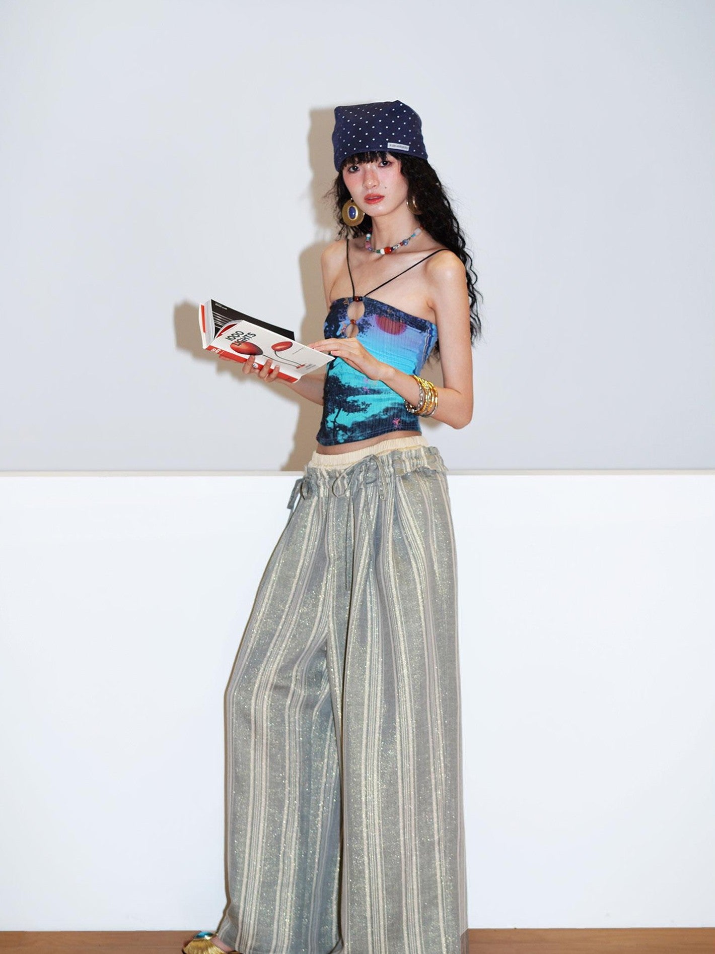 badtaste Striped Linen Patchwork Elastic Waist Lightweight Loose Women's Wide-leg Pants