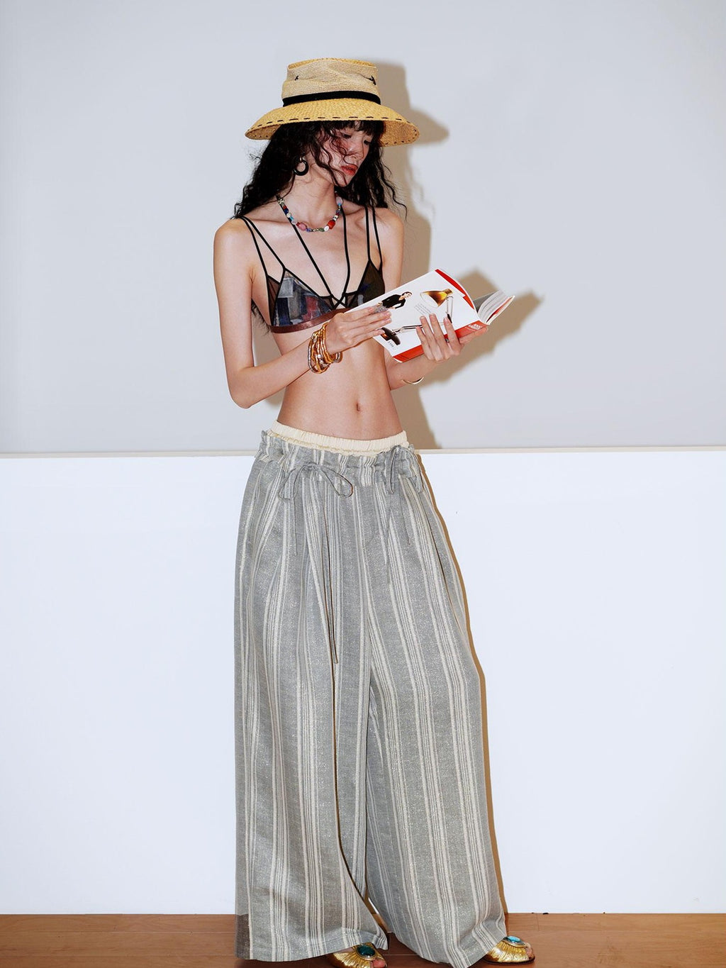 badtaste Striped Linen Patchwork Elastic Waist Lightweight Loose Women's Wide-leg Pants
