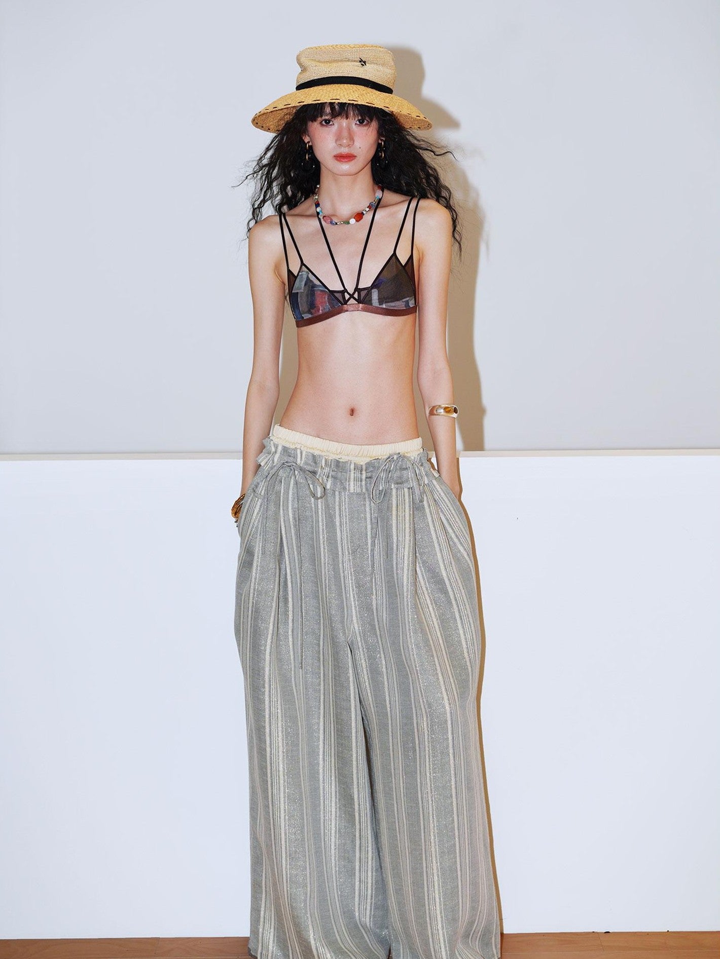badtaste Striped Linen Patchwork Elastic Waist Lightweight Loose Women's Wide-leg Pants