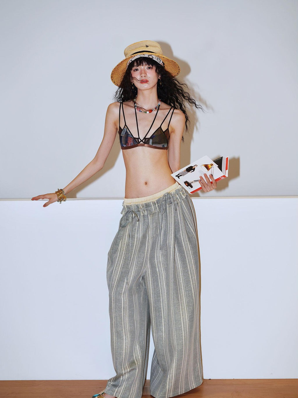 badtaste Striped Linen Patchwork Elastic Waist Lightweight Loose Women's Wide-leg Pants