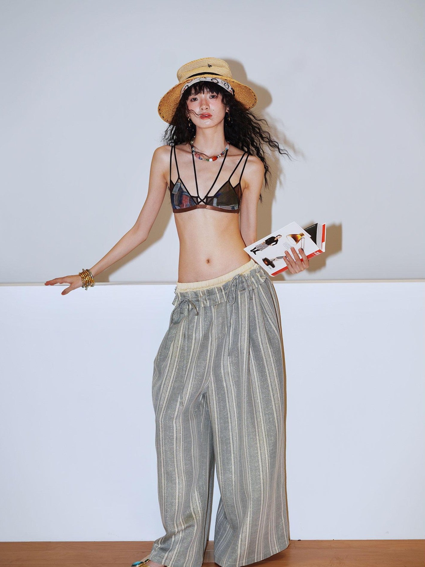 badtaste Striped Linen Patchwork Elastic Waist Lightweight Loose Women's Wide-leg Pants