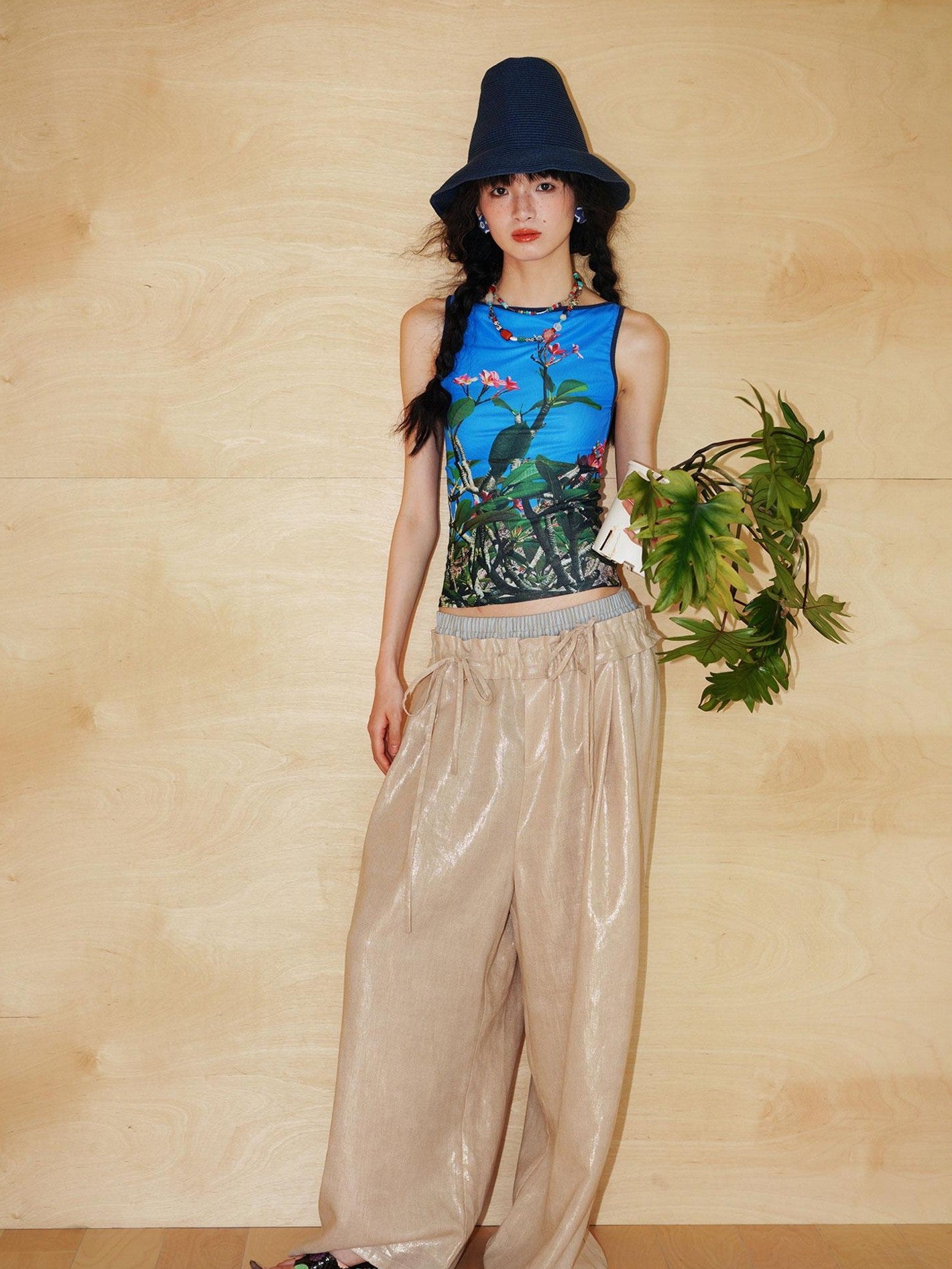 badtaste Striped Linen Patchwork Elastic Waist Lightweight Loose Women's Wide-leg Pants