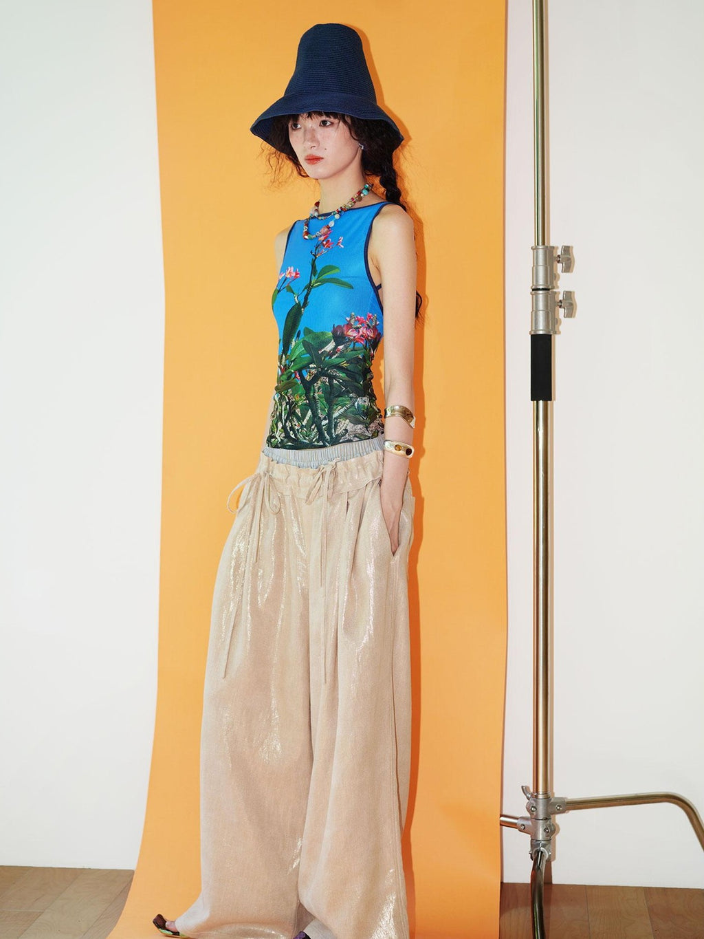 badtaste Striped Linen Patchwork Elastic Waist Lightweight Loose Women's Wide-leg Pants